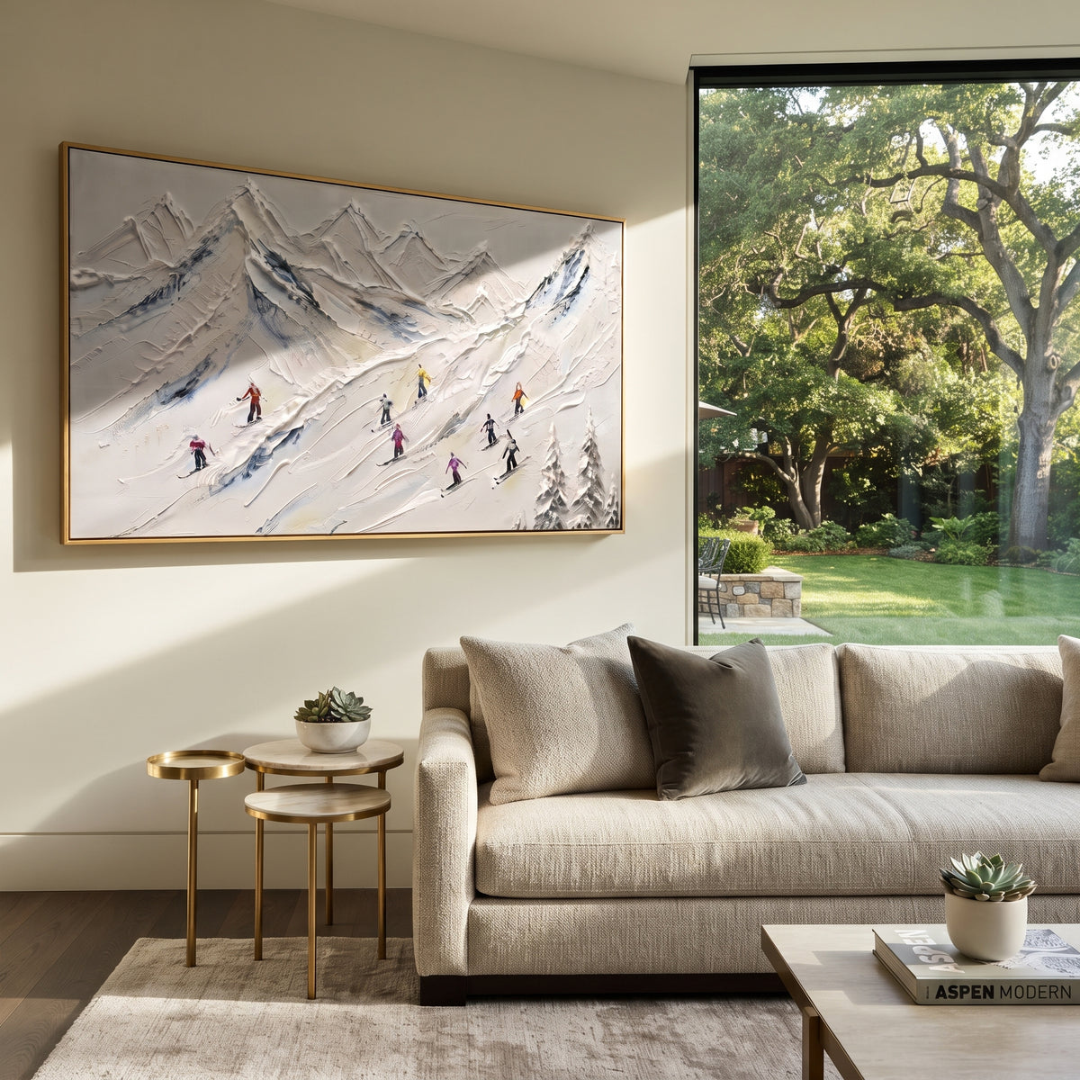 Quiet Snow Corridors focuses on a broad winter slope filled with curved ski trails and miniature moving figures. The artwork shows a winter ski scene built from the actual image: visible downhill figures, curved snow tracks, raised ridgelines, and alpine space arranged in a wide composition. The white, blue, gray palette gives the piece a cold mountain atmosphere while the thick impasto surface creates shadows along each snowbank, ski line, and textured ridge. This is presented as hand-painted