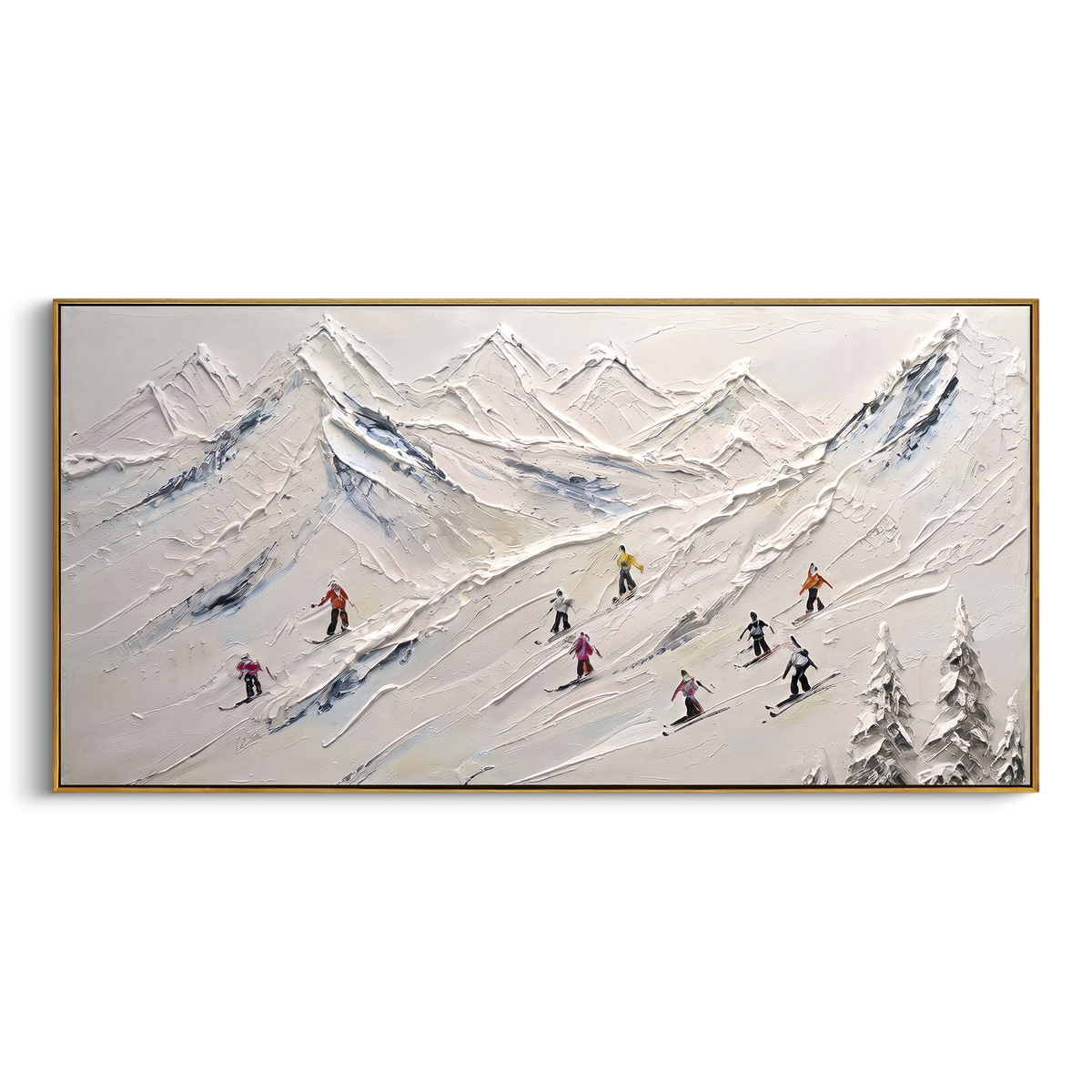 Quiet Snow Corridors focuses on a broad winter slope filled with curved ski trails and miniature moving figures. The artwork shows a winter ski scene built from the actual image: visible downhill figures, curved snow tracks, raised ridgelines, and alpine space arranged in a wide composition. The white, blue, gray palette gives the piece a cold mountain atmosphere while the thick impasto surface creates shadows along each snowbank, ski line, and textured ridge. This is presented as hand-painted