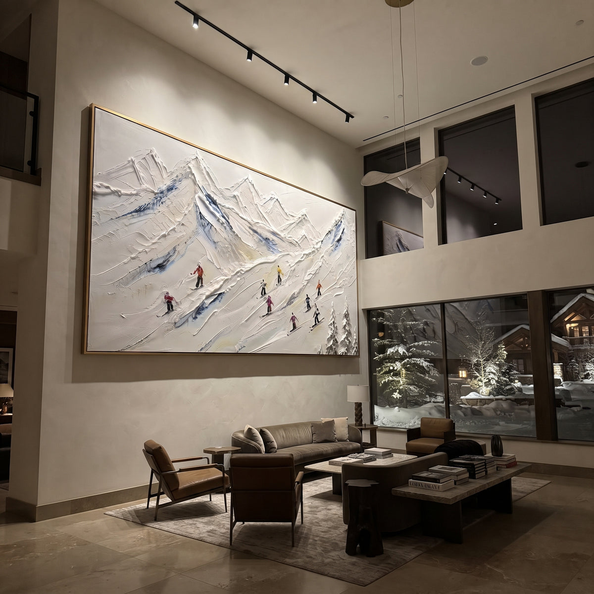 Quiet Snow Corridors focuses on a broad winter slope filled with curved ski trails and miniature moving figures. The artwork shows a winter ski scene built from the actual image: visible downhill figures, curved snow tracks, raised ridgelines, and alpine space arranged in a wide composition. The white, blue, gray palette gives the piece a cold mountain atmosphere while the thick impasto surface creates shadows along each snowbank, ski line, and textured ridge. This is presented as hand-painted
