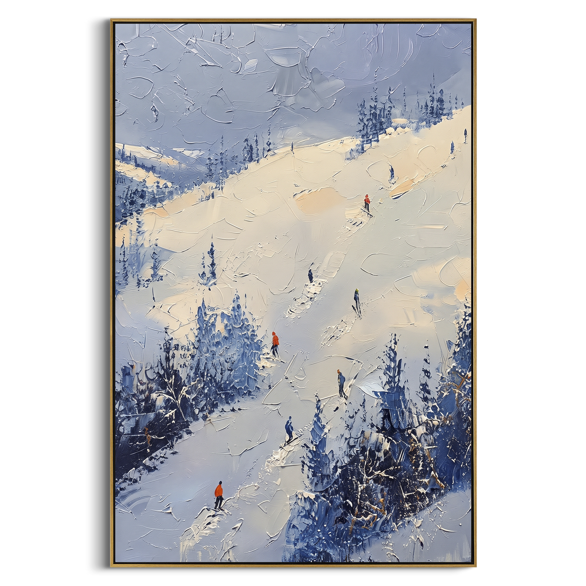 Carved Snow Trail focuses on soft gray snowfields broken by colorful skiers and thick ridge texture. The artwork shows a winter ski scene built from the actual image: visible downhill figures, curved snow tracks, raised ridgelines, and alpine space arranged in a tall composition. The white, gray, blue palette gives the piece a cold mountain atmosphere while the thick impasto surface creates shadows along each snowbank, ski line, and textured ridge. This is presented as hand-painted textured