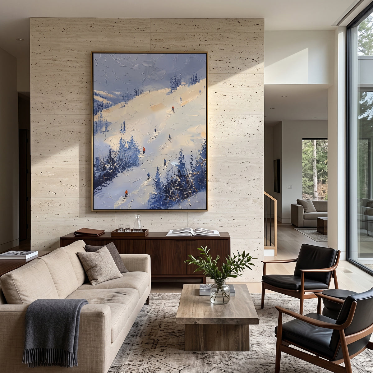 Carved Snow Trail focuses on soft gray snowfields broken by colorful skiers and thick ridge texture. The artwork shows a winter ski scene built from the actual image: visible downhill figures, curved snow tracks, raised ridgelines, and alpine space arranged in a tall composition. The white, gray, blue palette gives the piece a cold mountain atmosphere while the thick impasto surface creates shadows along each snowbank, ski line, and textured ridge. This is presented as hand-painted textured