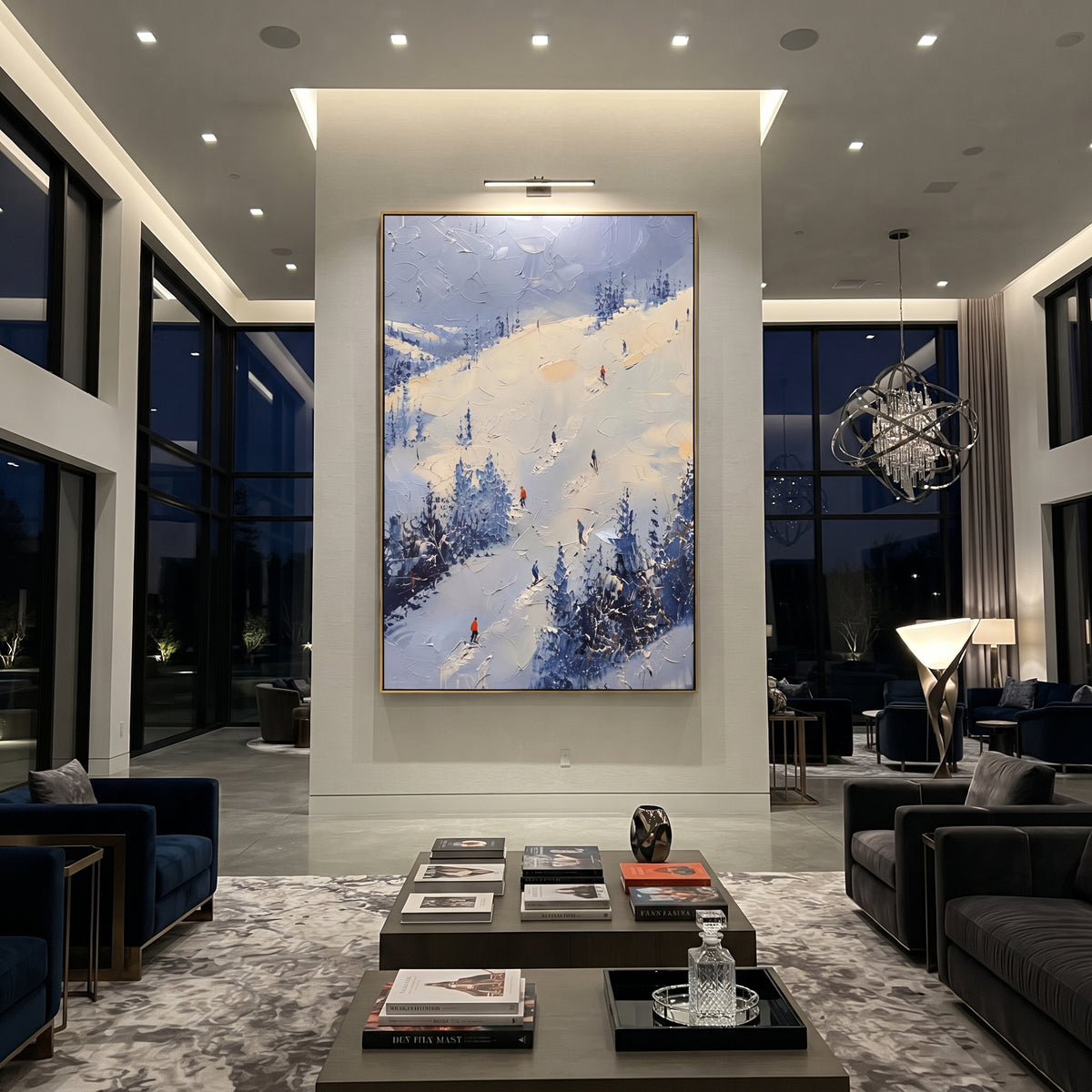 Carved Snow Trail focuses on soft gray snowfields broken by colorful skiers and thick ridge texture. The artwork shows a winter ski scene built from the actual image: visible downhill figures, curved snow tracks, raised ridgelines, and alpine space arranged in a tall composition. The white, gray, blue palette gives the piece a cold mountain atmosphere while the thick impasto surface creates shadows along each snowbank, ski line, and textured ridge. This is presented as hand-painted textured