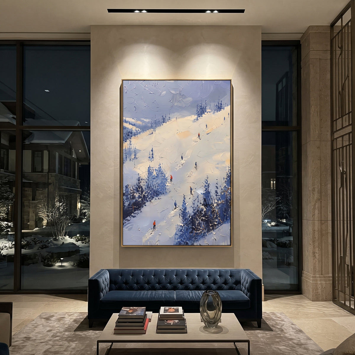 Carved Snow Trail focuses on soft gray snowfields broken by colorful skiers and thick ridge texture. The artwork shows a winter ski scene built from the actual image: visible downhill figures, curved snow tracks, raised ridgelines, and alpine space arranged in a tall composition. The white, gray, blue palette gives the piece a cold mountain atmosphere while the thick impasto surface creates shadows along each snowbank, ski line, and textured ridge. This is presented as hand-painted textured