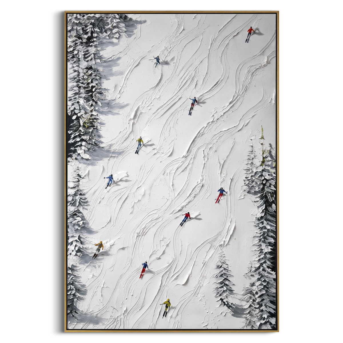 Silver Mountain Run focuses on a calm mountain basin with crisp tracks, snow shelves, and small skiers. The artwork shows a winter ski scene built from the actual image: visible downhill figures, curved snow tracks, raised ridgelines, and alpine space arranged in a tall composition. The white, gray, blue palette gives the piece a cold mountain atmosphere while the thick impasto surface creates shadows along each snowbank, ski line, and textured ridge. This is presented as hand-painted textured