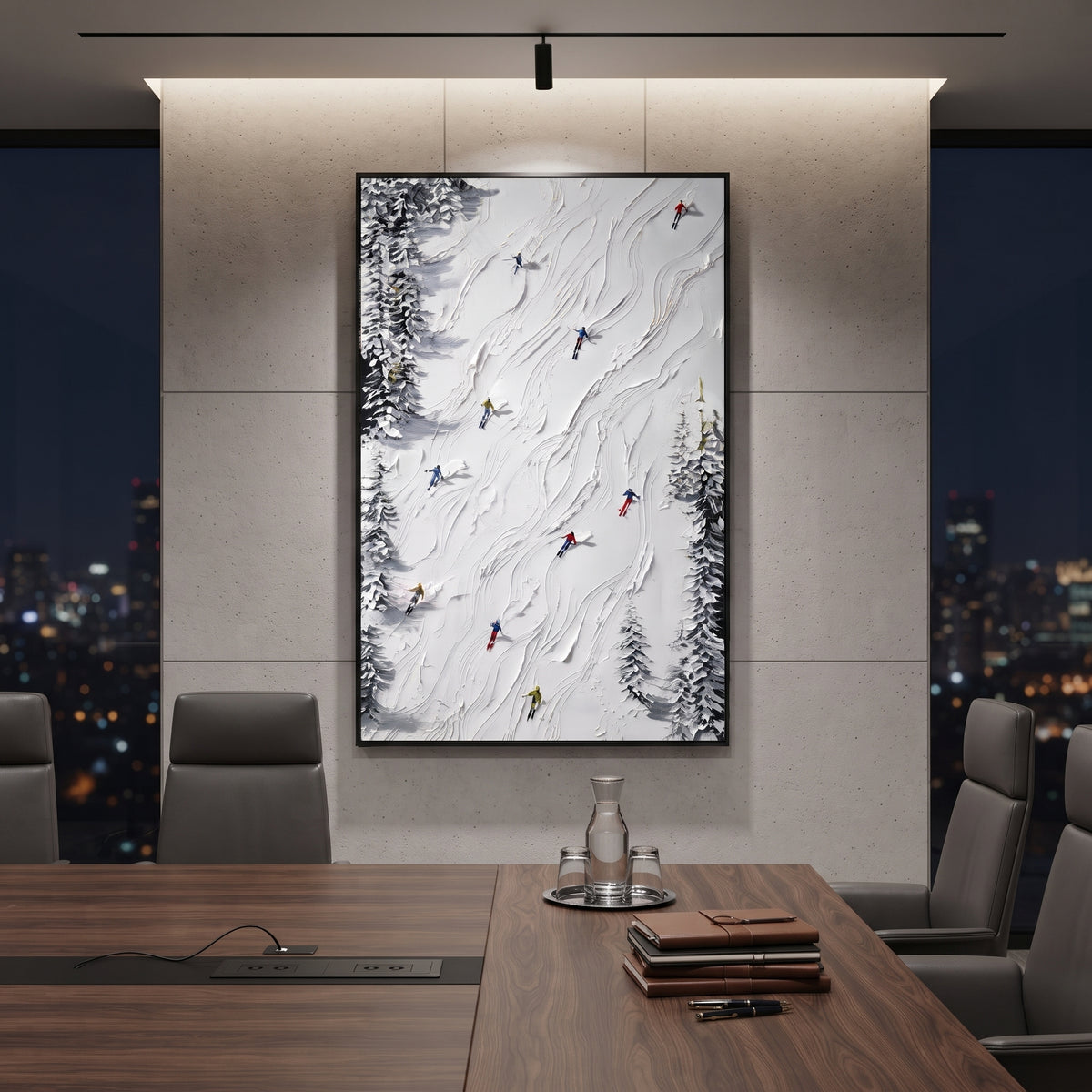 Silver Mountain Run focuses on a calm mountain basin with crisp tracks, snow shelves, and small skiers. The artwork shows a winter ski scene built from the actual image: visible downhill figures, curved snow tracks, raised ridgelines, and alpine space arranged in a tall composition. The white, gray, blue palette gives the piece a cold mountain atmosphere while the thick impasto surface creates shadows along each snowbank, ski line, and textured ridge. This is presented as hand-painted textured