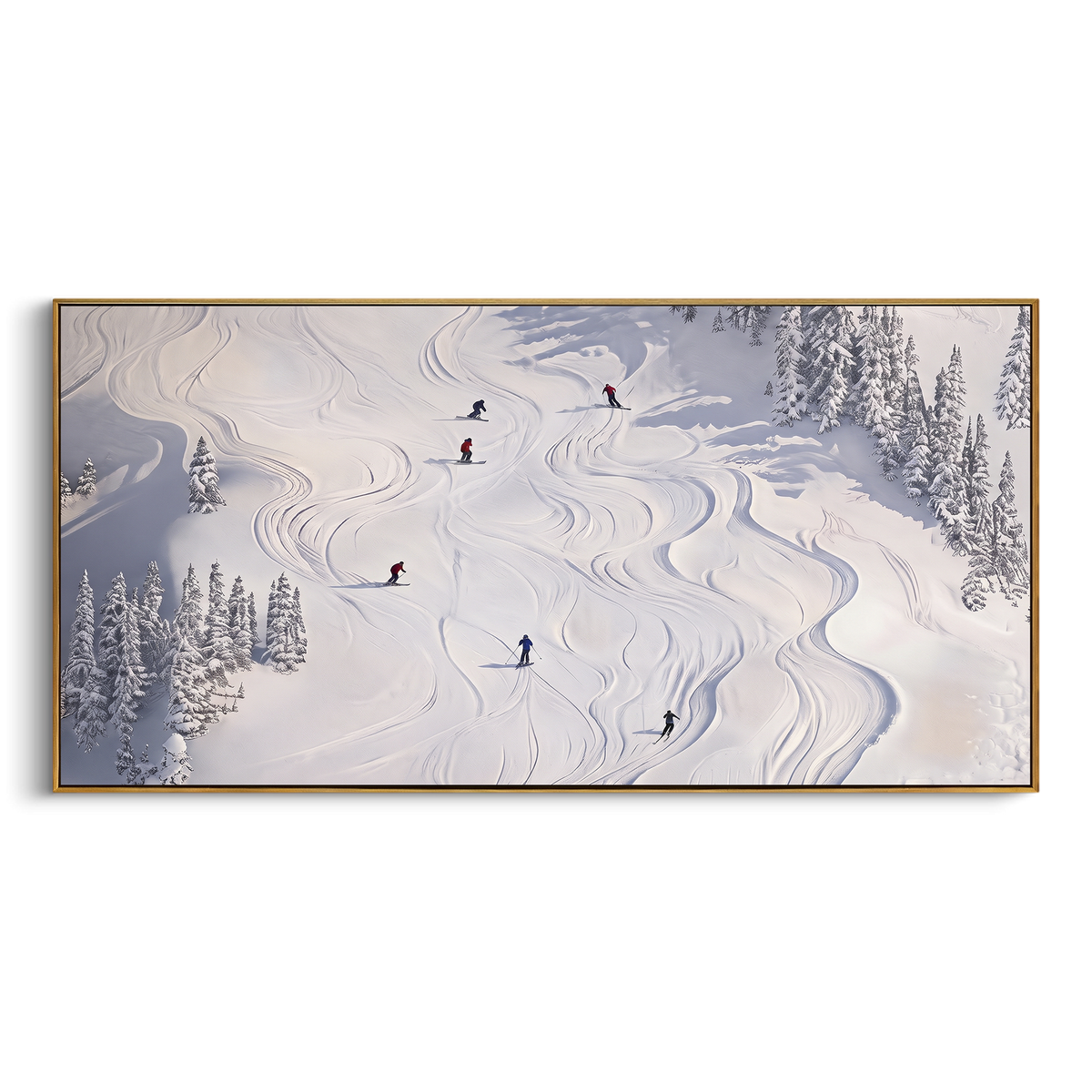 North Ski Traverse focuses on small downhill figures moving over carved impasto snow channels and soft blue shadows. The artwork shows a winter ski scene built from the actual image: visible downhill figures, curved snow tracks, raised ridgelines, and alpine space arranged in a wide composition. The white, black, gray palette gives the piece a cold mountain atmosphere while the thick impasto surface creates shadows along each snowbank, ski line, and textured ridge. This is presented as