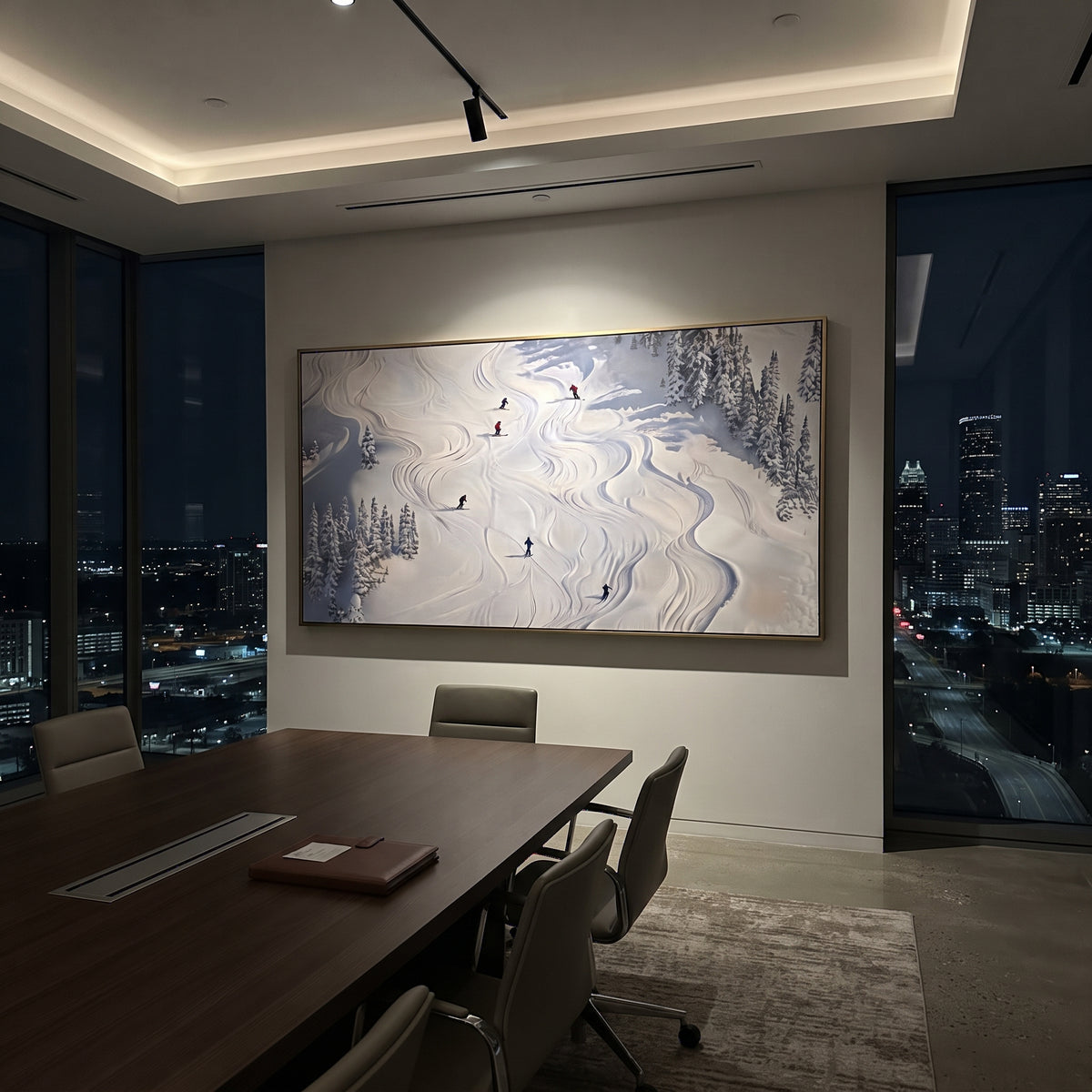 North Ski Traverse focuses on small downhill figures moving over carved impasto snow channels and soft blue shadows. The artwork shows a winter ski scene built from the actual image: visible downhill figures, curved snow tracks, raised ridgelines, and alpine space arranged in a wide composition. The white, black, gray palette gives the piece a cold mountain atmosphere while the thick impasto surface creates shadows along each snowbank, ski line, and textured ridge. This is presented as