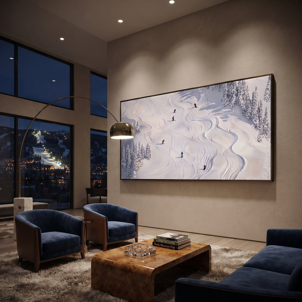 North Ski Traverse focuses on small downhill figures moving over carved impasto snow channels and soft blue shadows. The artwork shows a winter ski scene built from the actual image: visible downhill figures, curved snow tracks, raised ridgelines, and alpine space arranged in a wide composition. The white, black, gray palette gives the piece a cold mountain atmosphere while the thick impasto surface creates shadows along each snowbank, ski line, and textured ridge. This is presented as