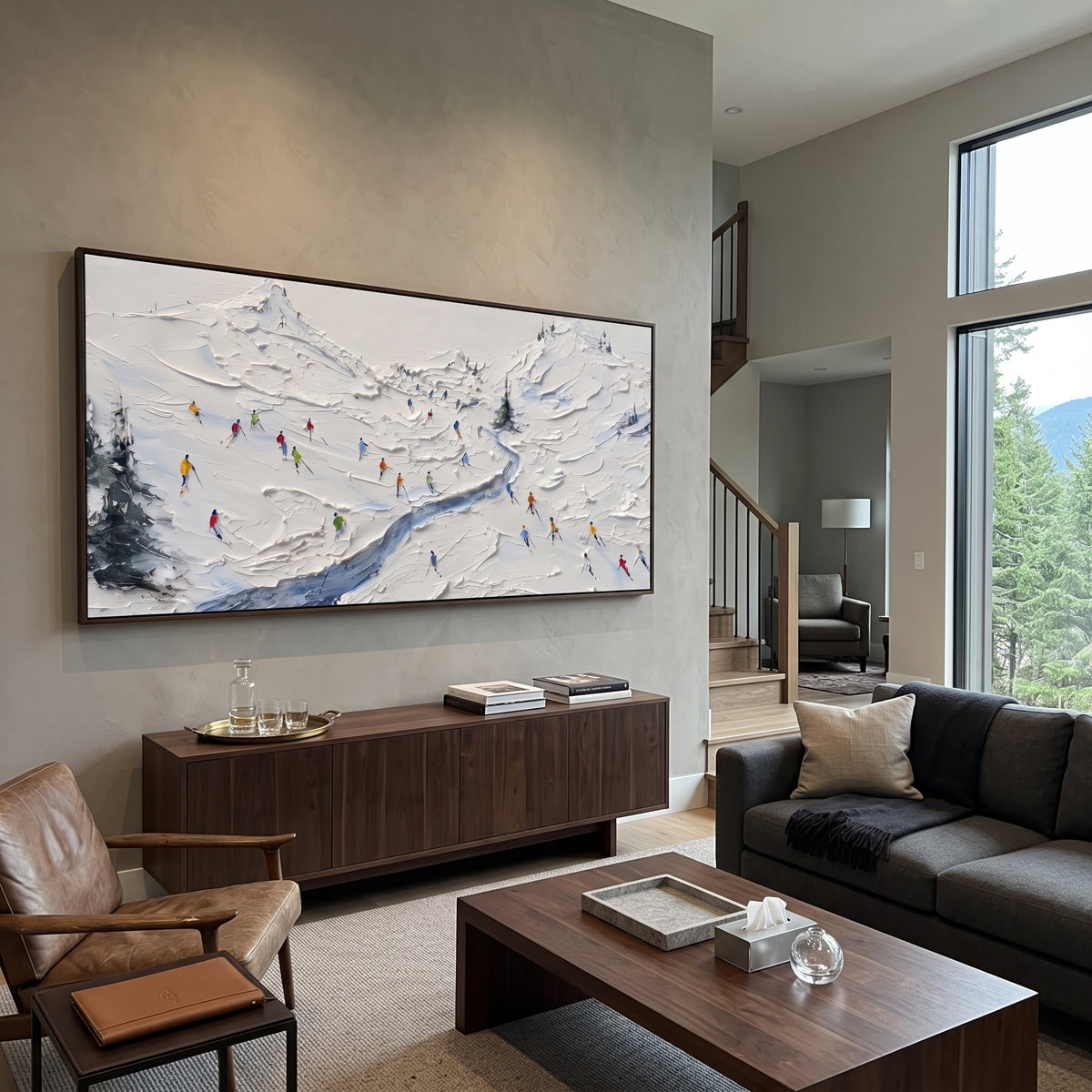 Cold Ski Tracks focuses on a broad winter slope filled with curved ski trails and miniature moving figures. The artwork shows a winter ski scene built from the actual image: visible downhill figures, curved snow tracks, raised ridgelines, and alpine space arranged in a wide composition. The white, beige, blue palette gives the piece a cold mountain atmosphere while the thick impasto surface creates shadows along each snowbank, ski line, and textured ridge. This is presented as hand-painted