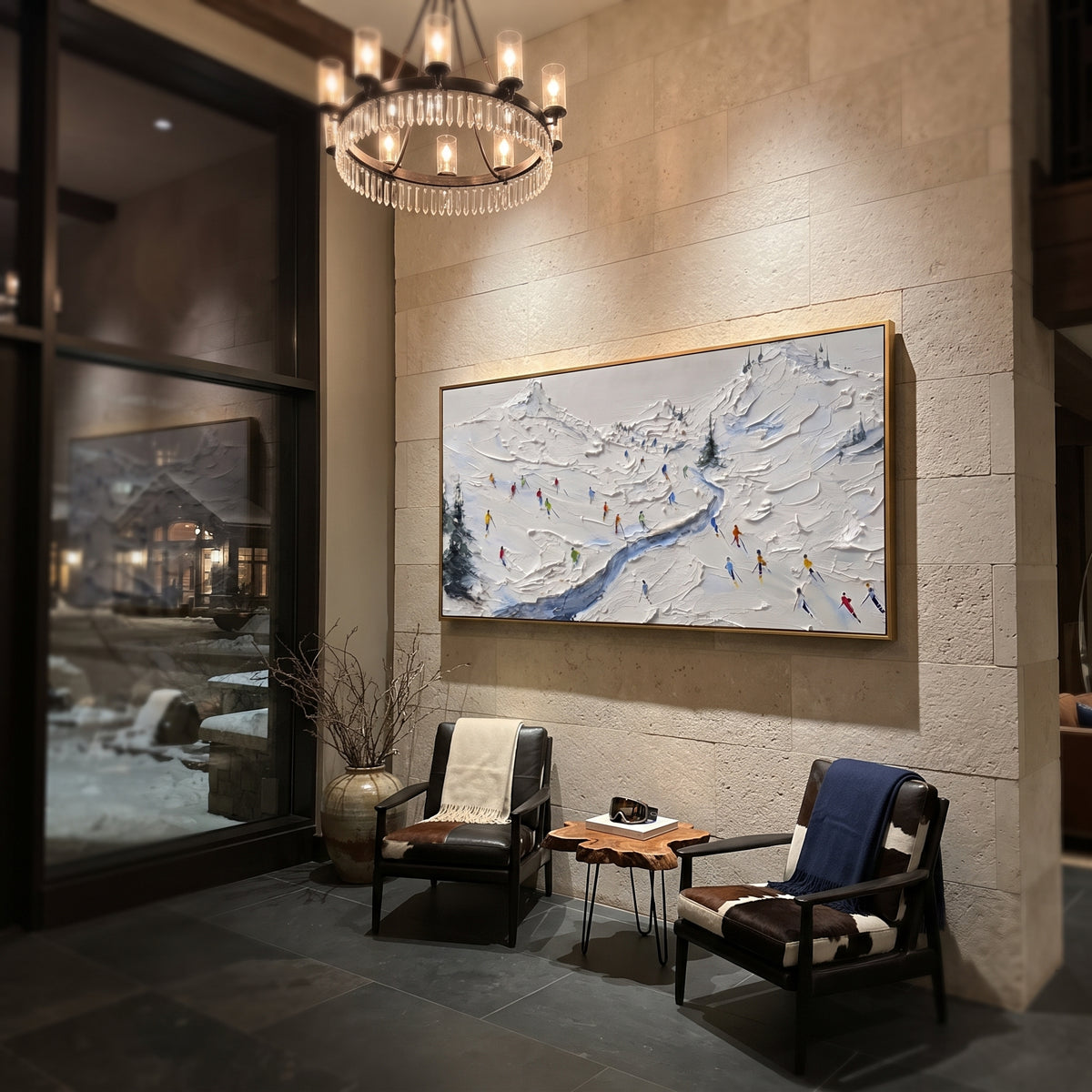 Cold Ski Tracks focuses on a broad winter slope filled with curved ski trails and miniature moving figures. The artwork shows a winter ski scene built from the actual image: visible downhill figures, curved snow tracks, raised ridgelines, and alpine space arranged in a wide composition. The white, beige, blue palette gives the piece a cold mountain atmosphere while the thick impasto surface creates shadows along each snowbank, ski line, and textured ridge. This is presented as hand-painted