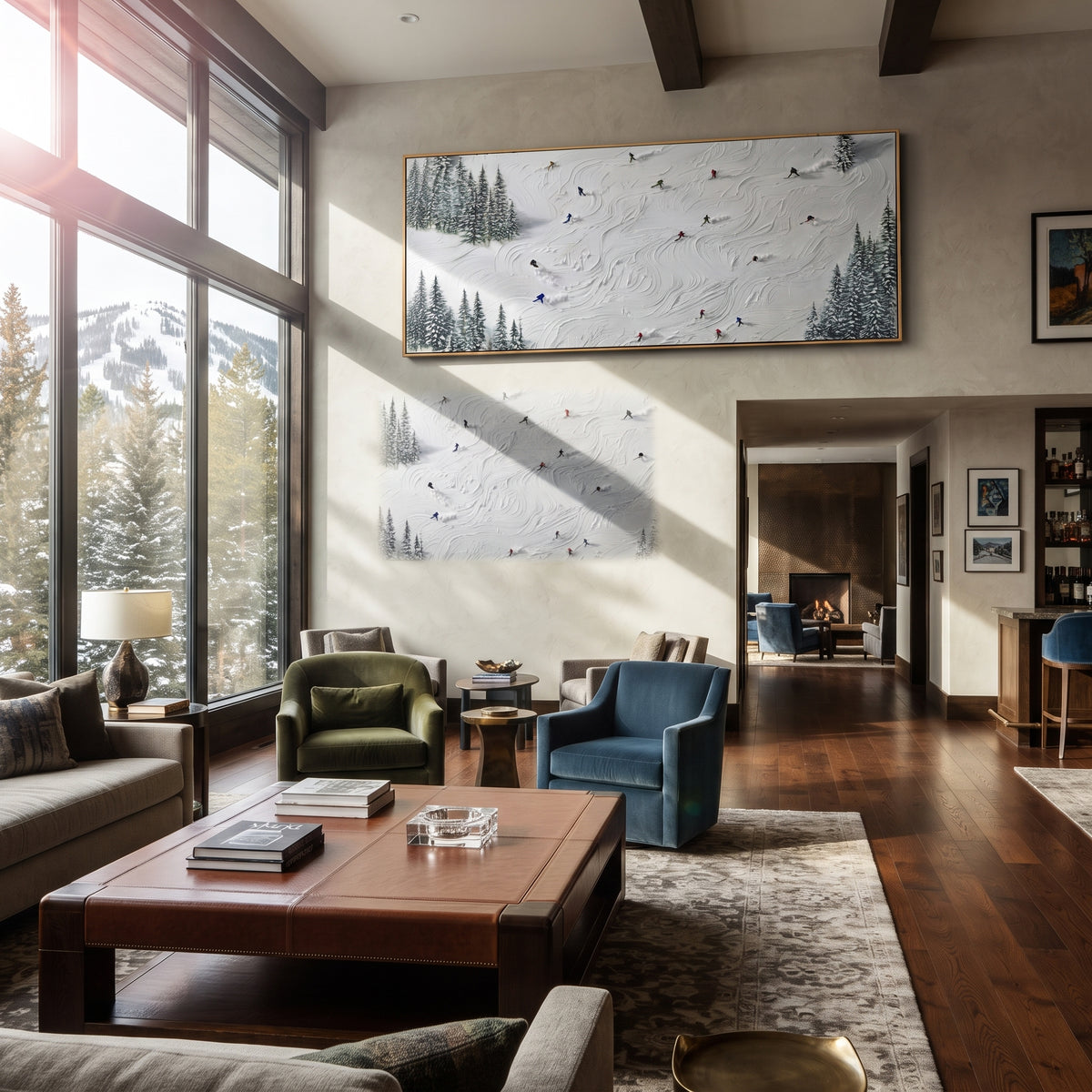 Crystal Mountain Run focuses on soft gray snowfields broken by colorful skiers and thick ridge texture. The artwork shows a winter ski scene built from the actual image: visible downhill figures, curved snow tracks, raised ridgelines, and alpine space arranged in a wide composition. The blue, white, orange palette gives the piece a cold mountain atmosphere while the thick impasto surface creates shadows along each snowbank, ski line, and textured ridge. This is presented as hand-painted textured