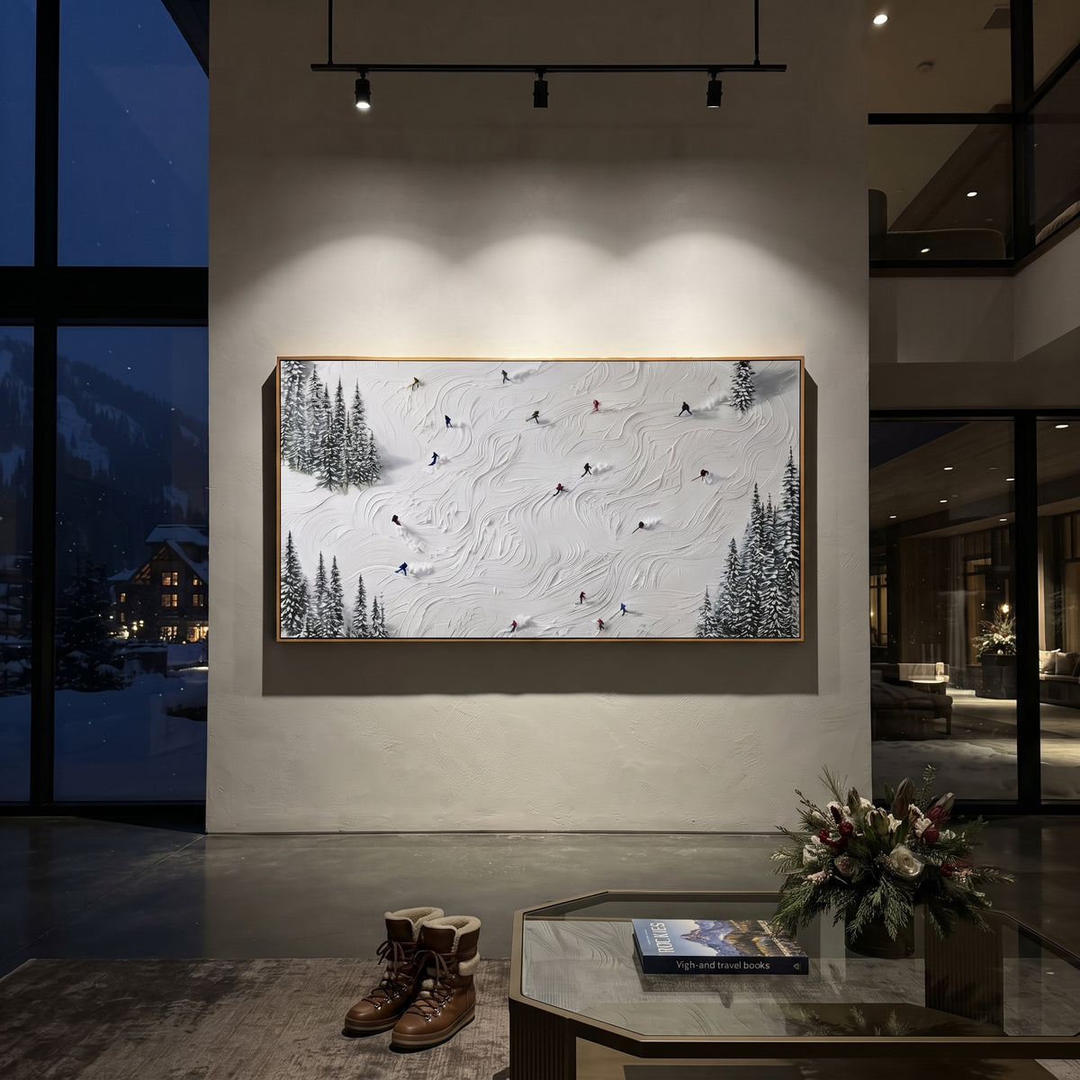 Crystal Mountain Run focuses on soft gray snowfields broken by colorful skiers and thick ridge texture. The artwork shows a winter ski scene built from the actual image: visible downhill figures, curved snow tracks, raised ridgelines, and alpine space arranged in a wide composition. The blue, white, orange palette gives the piece a cold mountain atmosphere while the thick impasto surface creates shadows along each snowbank, ski line, and textured ridge. This is presented as hand-painted textured