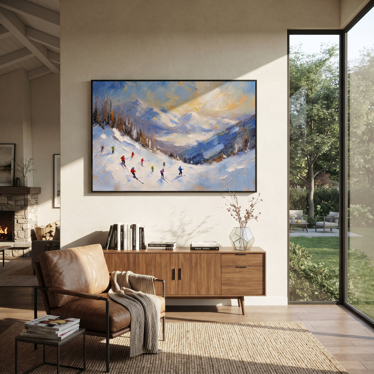 Pastel Valley Skiers focuses on small skiers crossing a pastel blue and orange valley beneath soft winter clouds. The artwork shows a winter ski scene built from the actual image: visible downhill figures, curved snow tracks, raised ridgelines, and alpine space arranged in a wide composition. The blue, orange, white palette gives the piece a cold mountain atmosphere while the thick impasto surface creates shadows along each snowbank, ski line, and textured ridge. This is presented as