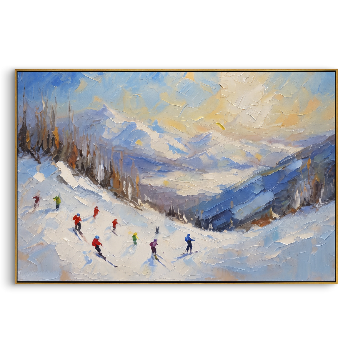 Pastel Valley Skiers focuses on small skiers crossing a pastel blue and orange valley beneath soft winter clouds. The artwork shows a winter ski scene built from the actual image: visible downhill figures, curved snow tracks, raised ridgelines, and alpine space arranged in a wide composition. The blue, orange, white palette gives the piece a cold mountain atmosphere while the thick impasto surface creates shadows along each snowbank, ski line, and textured ridge. This is presented as