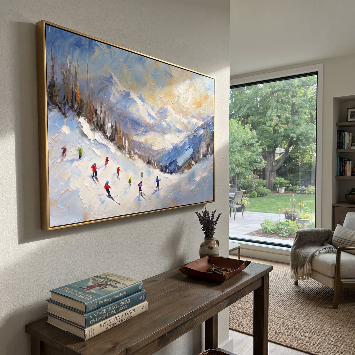 Pastel Valley Skiers focuses on small skiers crossing a pastel blue and orange valley beneath soft winter clouds. The artwork shows a winter ski scene built from the actual image: visible downhill figures, curved snow tracks, raised ridgelines, and alpine space arranged in a wide composition. The blue, orange, white palette gives the piece a cold mountain atmosphere while the thick impasto surface creates shadows along each snowbank, ski line, and textured ridge. This is presented as