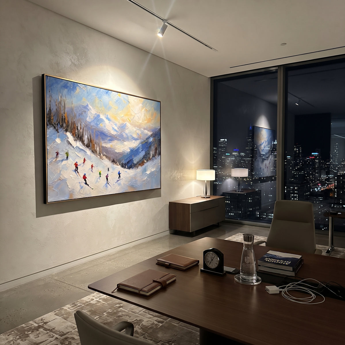 Pastel Valley Skiers focuses on small skiers crossing a pastel blue and orange valley beneath soft winter clouds. The artwork shows a winter ski scene built from the actual image: visible downhill figures, curved snow tracks, raised ridgelines, and alpine space arranged in a wide composition. The blue, orange, white palette gives the piece a cold mountain atmosphere while the thick impasto surface creates shadows along each snowbank, ski line, and textured ridge. This is presented as