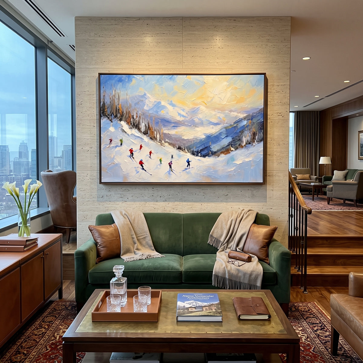 Pastel Valley Skiers focuses on small skiers crossing a pastel blue and orange valley beneath soft winter clouds. The artwork shows a winter ski scene built from the actual image: visible downhill figures, curved snow tracks, raised ridgelines, and alpine space arranged in a wide composition. The blue, orange, white palette gives the piece a cold mountain atmosphere while the thick impasto surface creates shadows along each snowbank, ski line, and textured ridge. This is presented as