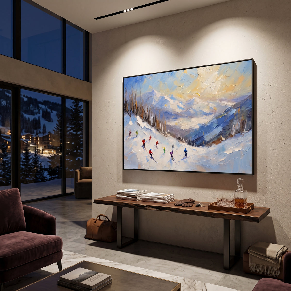 Pastel Valley Skiers focuses on small skiers crossing a pastel blue and orange valley beneath soft winter clouds. The artwork shows a winter ski scene built from the actual image: visible downhill figures, curved snow tracks, raised ridgelines, and alpine space arranged in a wide composition. The blue, orange, white palette gives the piece a cold mountain atmosphere while the thick impasto surface creates shadows along each snowbank, ski line, and textured ridge. This is presented as