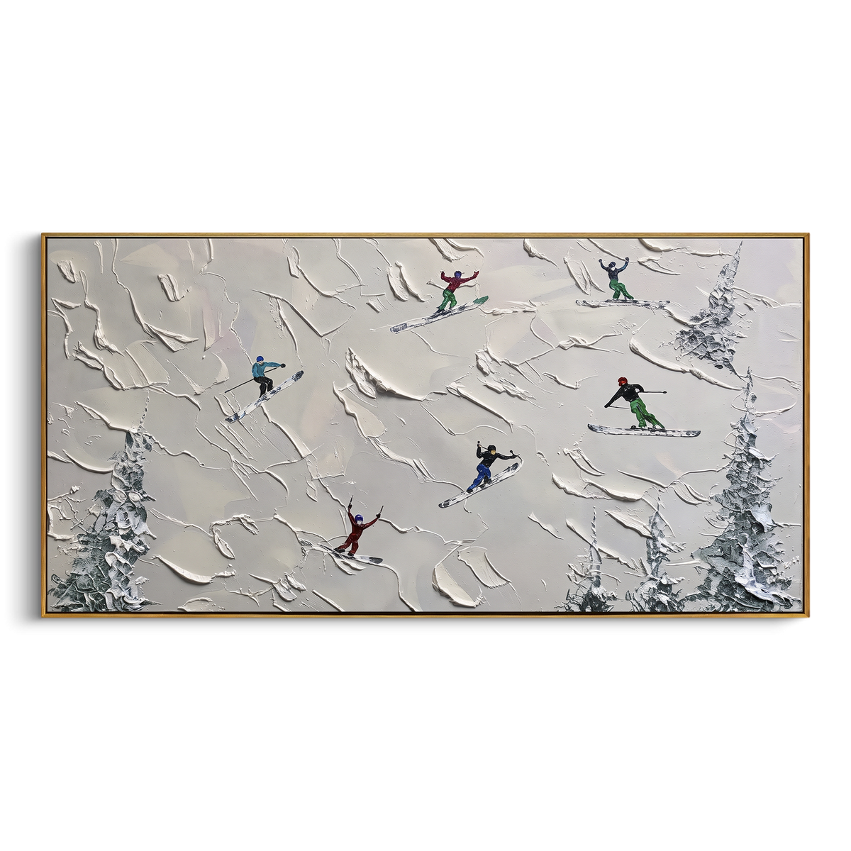 Valley Ski Run focuses on small downhill figures moving over carved impasto snow channels and soft blue shadows. The artwork shows a winter ski scene built from the actual image: visible downhill figures, curved snow tracks, raised ridgelines, and alpine space arranged in a wide composition. The white, gray, blue palette gives the piece a cold mountain atmosphere while the thick impasto surface creates shadows along each snowbank, ski line, and textured ridge. This is presented as hand-painted