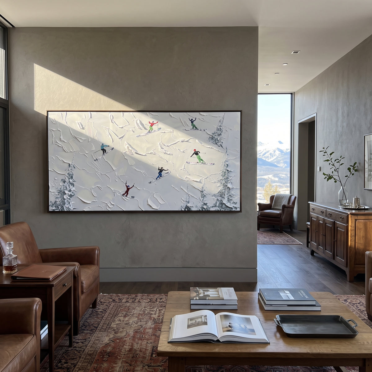 Valley Ski Run focuses on small downhill figures moving over carved impasto snow channels and soft blue shadows. The artwork shows a winter ski scene built from the actual image: visible downhill figures, curved snow tracks, raised ridgelines, and alpine space arranged in a wide composition. The white, gray, blue palette gives the piece a cold mountain atmosphere while the thick impasto surface creates shadows along each snowbank, ski line, and textured ridge. This is presented as hand-painted