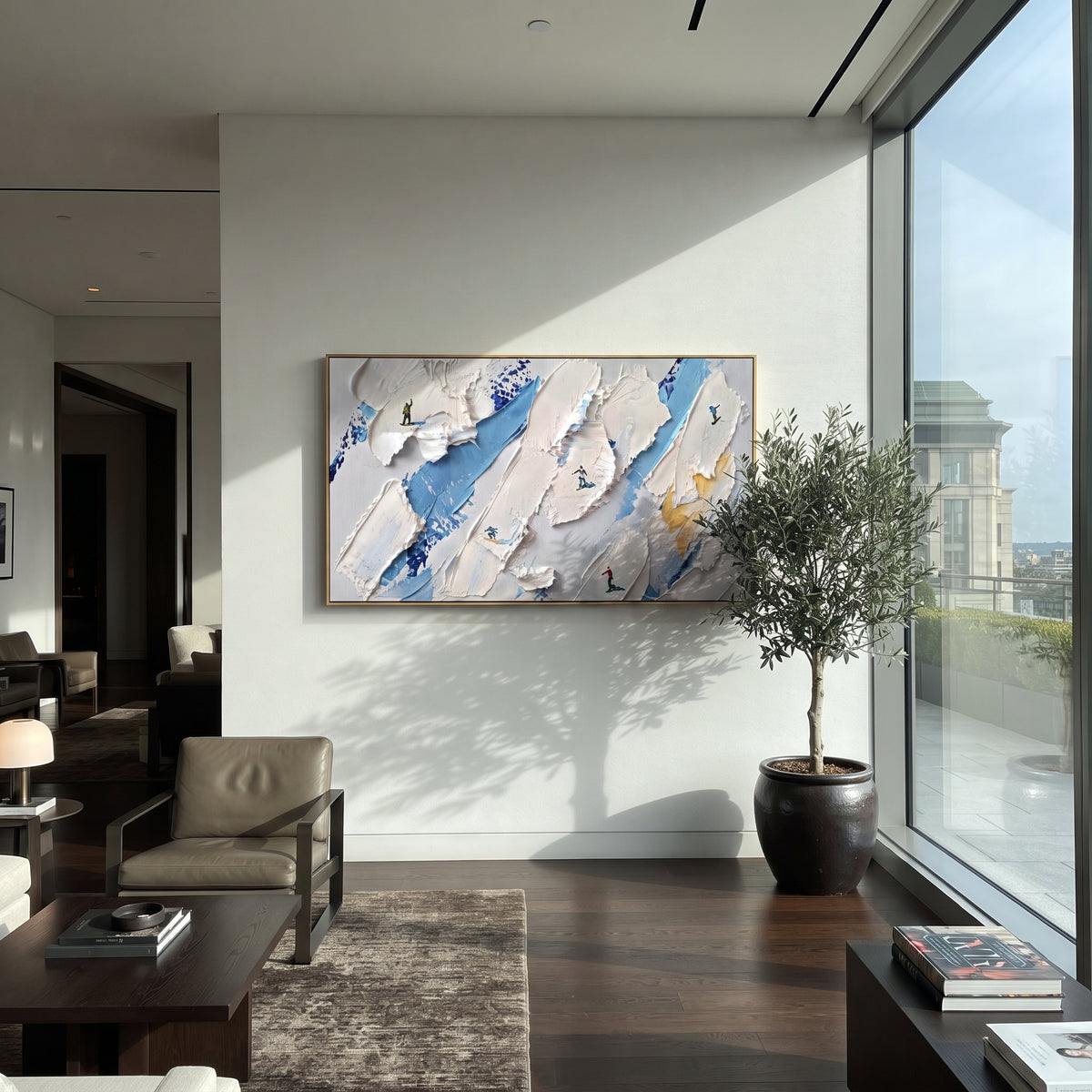 Highland Powder Path focuses on a broad winter slope filled with curved ski trails and miniature moving figures. The artwork shows a winter ski scene built from the actual image: visible downhill figures, curved snow tracks, raised ridgelines, and alpine space arranged in a wide composition. The white, green, blue palette gives the piece a cold mountain atmosphere while the thick impasto surface creates shadows along each snowbank, ski line, and textured ridge. This is presented as hand-painted