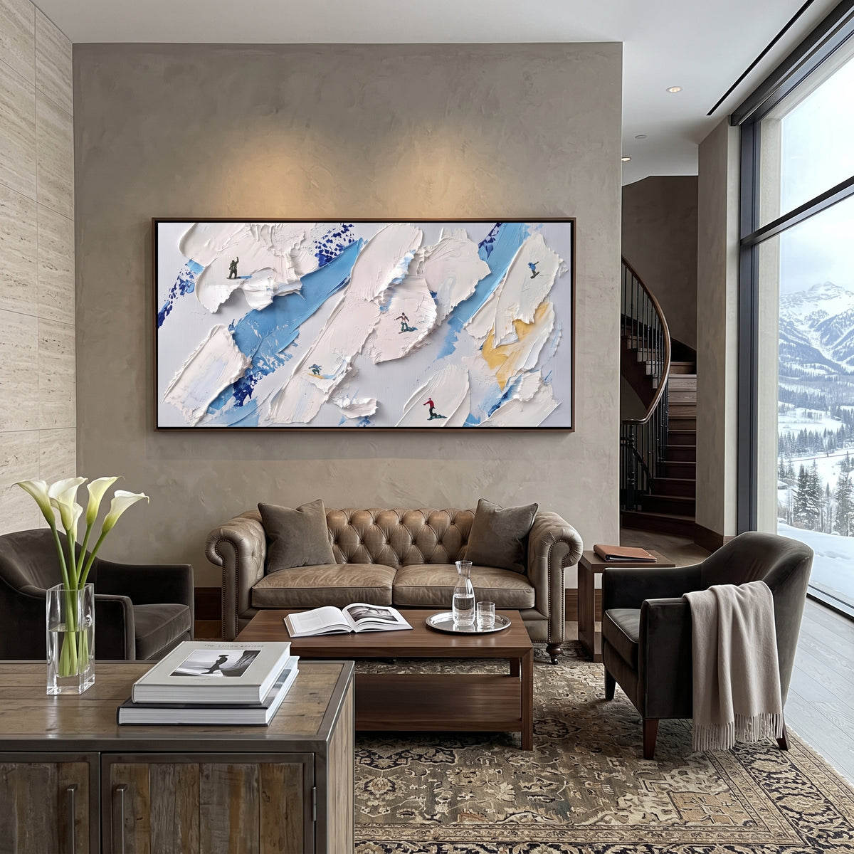 Highland Powder Path focuses on a broad winter slope filled with curved ski trails and miniature moving figures. The artwork shows a winter ski scene built from the actual image: visible downhill figures, curved snow tracks, raised ridgelines, and alpine space arranged in a wide composition. The white, green, blue palette gives the piece a cold mountain atmosphere while the thick impasto surface creates shadows along each snowbank, ski line, and textured ridge. This is presented as hand-painted