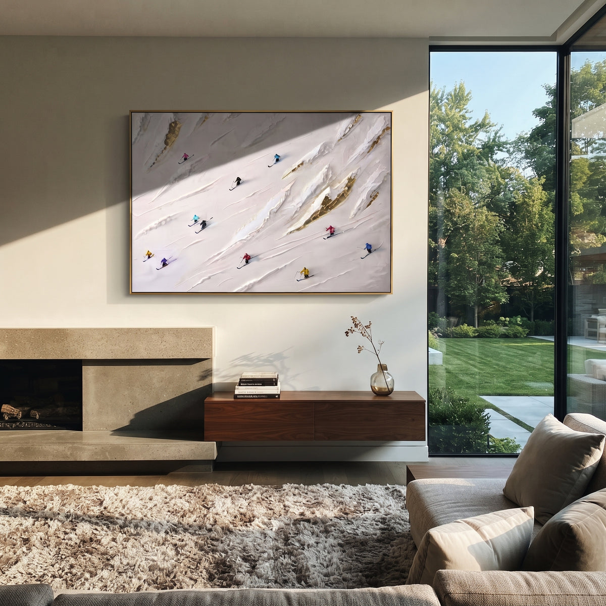 Misty Ski Valley focuses on soft gray snowfields broken by colorful skiers and thick ridge texture. The artwork shows a winter ski scene built from the actual image: visible downhill figures, curved snow tracks, raised ridgelines, and alpine space arranged in a wide composition. The white, black, gray palette gives the piece a cold mountain atmosphere while the thick impasto surface creates shadows along each snowbank, ski line, and textured ridge. This is presented as hand-painted textured