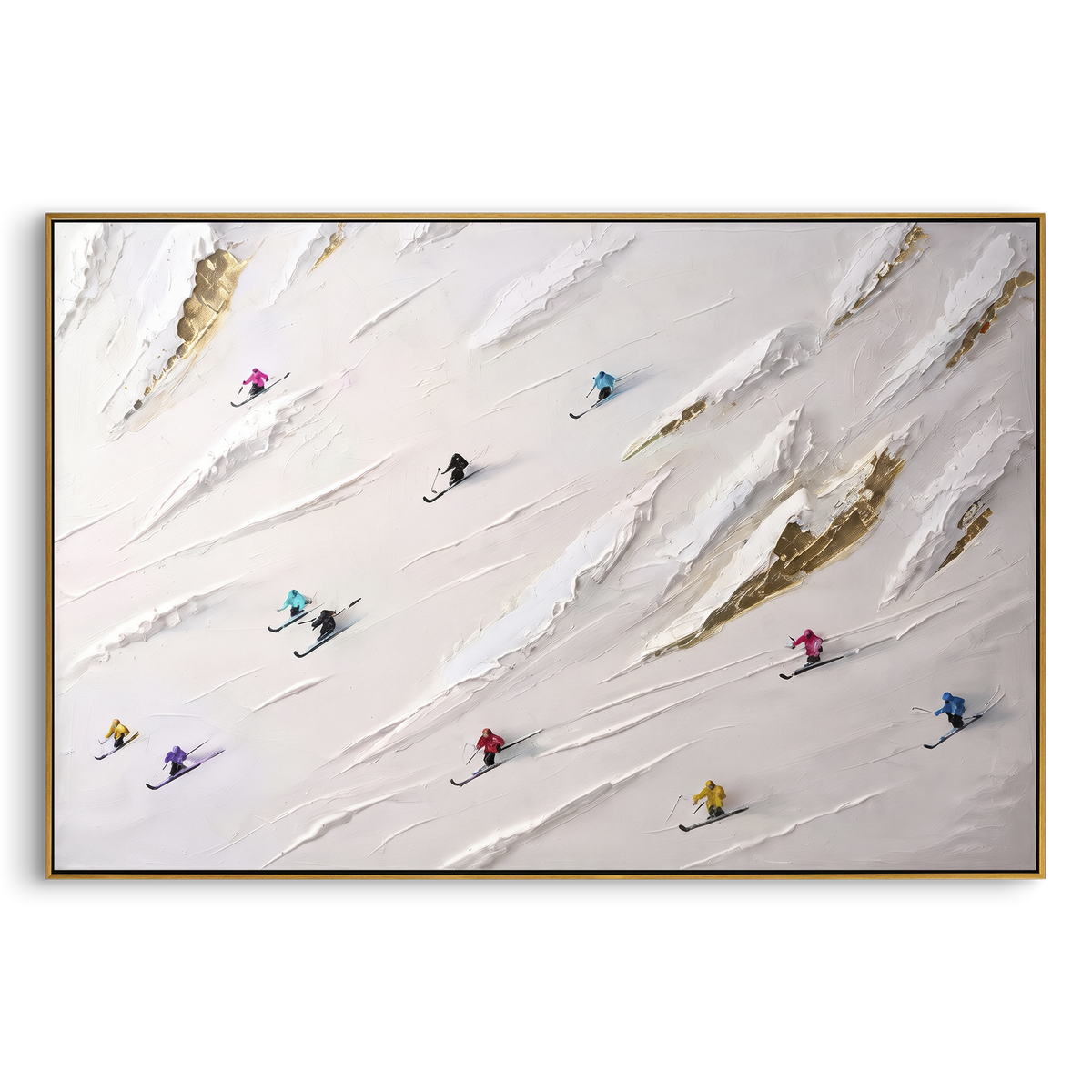 Misty Ski Valley focuses on soft gray snowfields broken by colorful skiers and thick ridge texture. The artwork shows a winter ski scene built from the actual image: visible downhill figures, curved snow tracks, raised ridgelines, and alpine space arranged in a wide composition. The white, black, gray palette gives the piece a cold mountain atmosphere while the thick impasto surface creates shadows along each snowbank, ski line, and textured ridge. This is presented as hand-painted textured