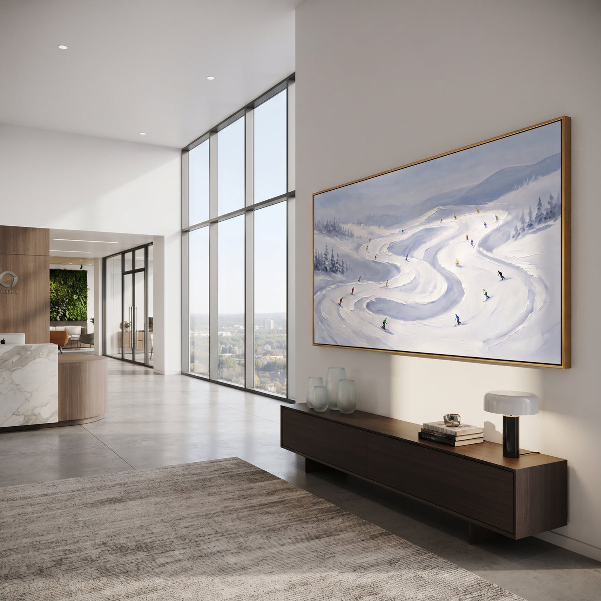 Slope Pine Slope focuses on small downhill figures moving over carved impasto snow channels and soft blue shadows. The artwork shows a winter ski scene built from the actual image: visible downhill figures, curved snow tracks, raised ridgelines, and alpine space arranged in a wide composition. The blue, white, orange palette gives the piece a cold mountain atmosphere while the thick impasto surface creates shadows along each snowbank, ski line, and textured ridge. This is presented as