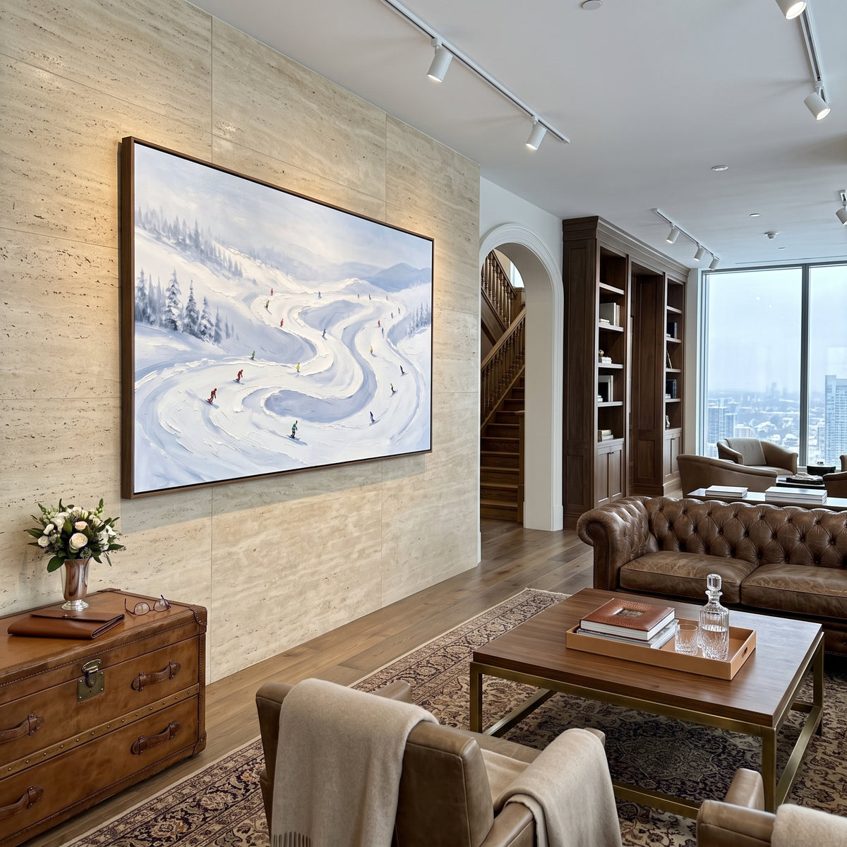 Slope Pine Slope focuses on small downhill figures moving over carved impasto snow channels and soft blue shadows. The artwork shows a winter ski scene built from the actual image: visible downhill figures, curved snow tracks, raised ridgelines, and alpine space arranged in a wide composition. The blue, white, orange palette gives the piece a cold mountain atmosphere while the thick impasto surface creates shadows along each snowbank, ski line, and textured ridge. This is presented as