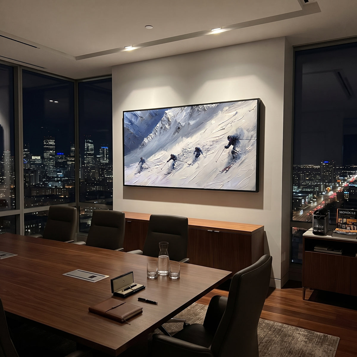 Peak Alpine Descent focuses on a broad winter slope filled with curved ski trails and miniature moving figures. The artwork shows a winter ski scene built from the actual image: visible downhill figures, curved snow tracks, raised ridgelines, and alpine space arranged in a wide composition. The white, blue, gray palette gives the piece a cold mountain atmosphere while the thick impasto surface creates shadows along each snowbank, ski line, and textured ridge. This is presented as hand-painted