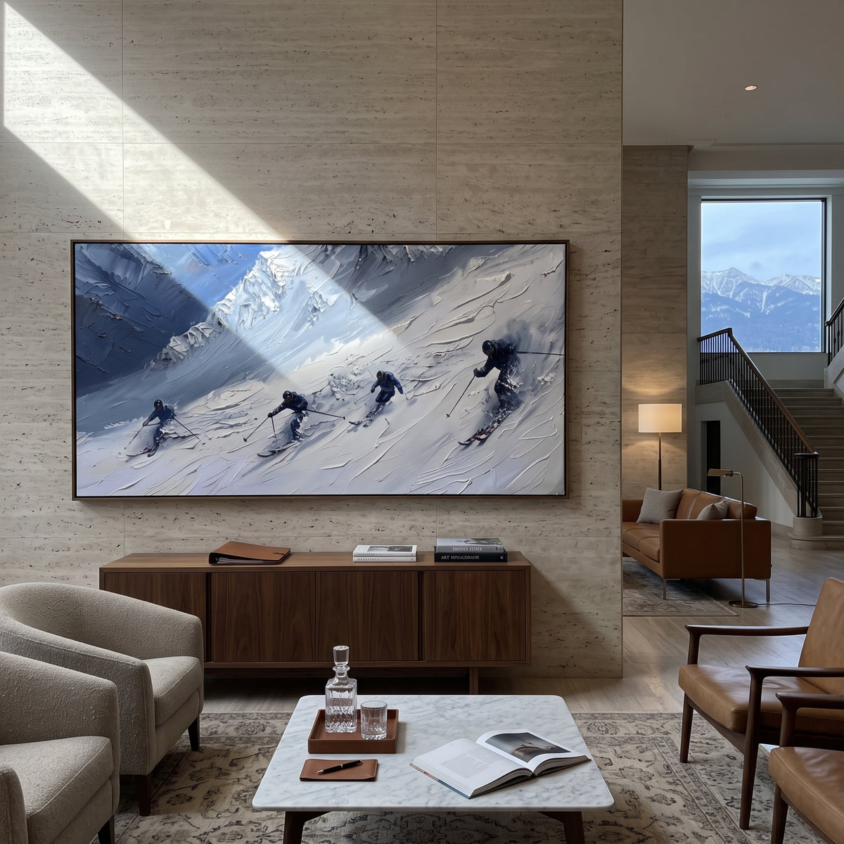 Peak Alpine Descent focuses on a broad winter slope filled with curved ski trails and miniature moving figures. The artwork shows a winter ski scene built from the actual image: visible downhill figures, curved snow tracks, raised ridgelines, and alpine space arranged in a wide composition. The white, blue, gray palette gives the piece a cold mountain atmosphere while the thick impasto surface creates shadows along each snowbank, ski line, and textured ridge. This is presented as hand-painted