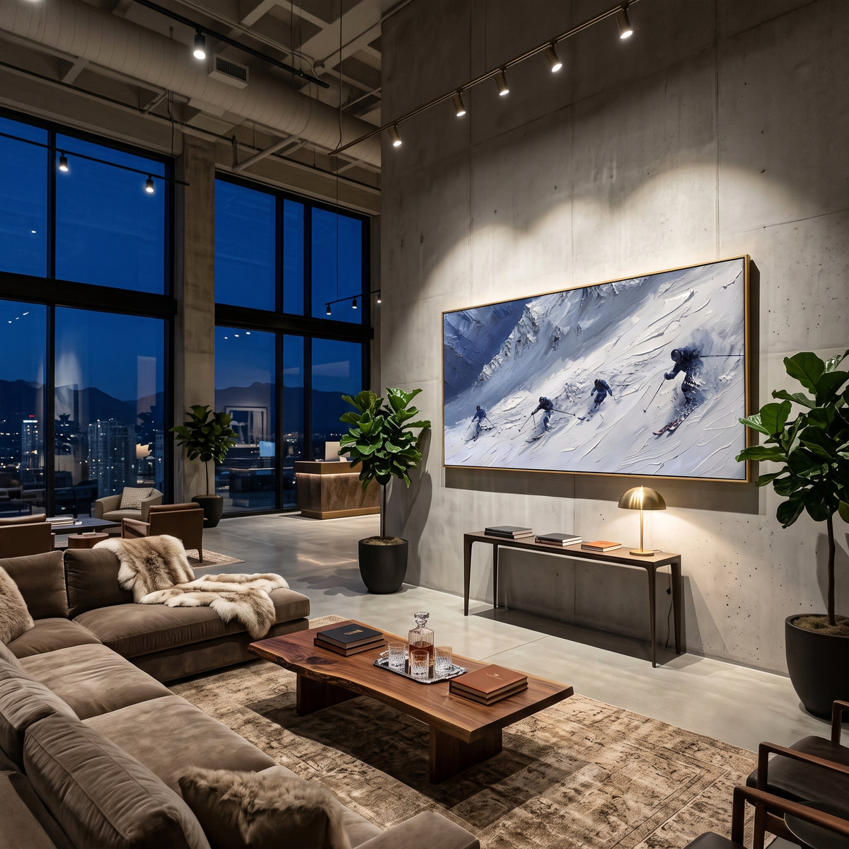 Peak Alpine Descent focuses on a broad winter slope filled with curved ski trails and miniature moving figures. The artwork shows a winter ski scene built from the actual image: visible downhill figures, curved snow tracks, raised ridgelines, and alpine space arranged in a wide composition. The white, blue, gray palette gives the piece a cold mountain atmosphere while the thick impasto surface creates shadows along each snowbank, ski line, and textured ridge. This is presented as hand-painted