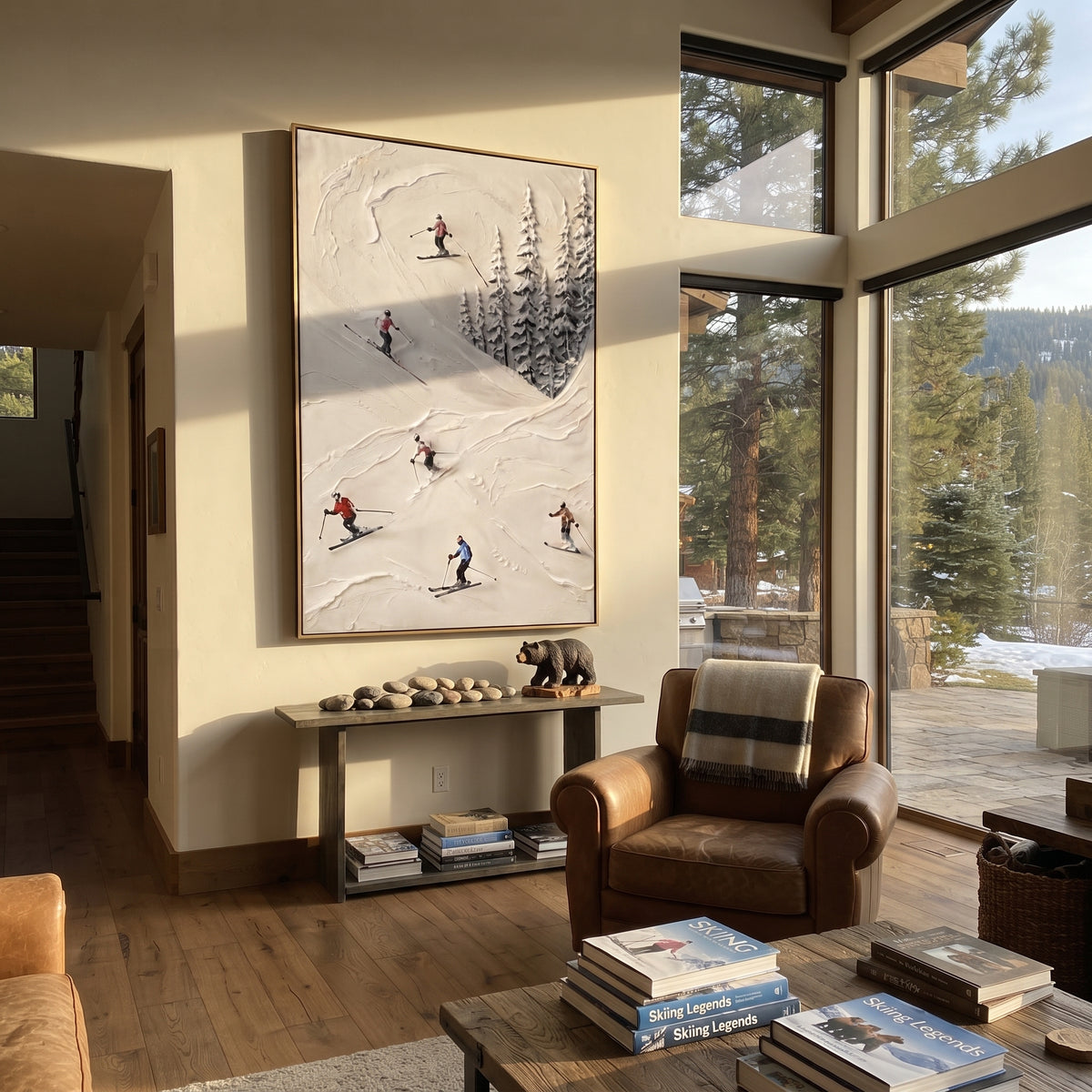 Trail Snow Corridors focuses on a forest-framed ski descent with clustered pines and winding carved tracks. The artwork shows a winter ski scene built from the actual image: visible downhill figures, curved snow tracks, raised ridgelines, and alpine space arranged in a tall composition. The white, blue, gray palette gives the piece a cold mountain atmosphere while the thick impasto surface creates shadows along each snowbank, ski line, and textured ridge. This is presented as hand-painted