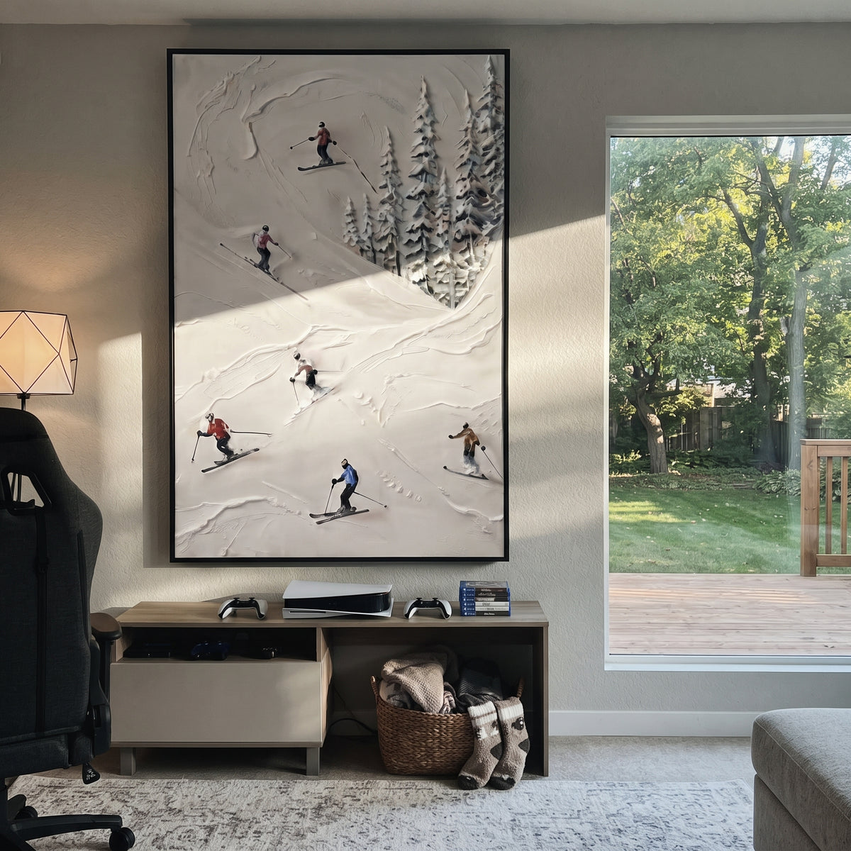 Trail Snow Corridors focuses on a forest-framed ski descent with clustered pines and winding carved tracks. The artwork shows a winter ski scene built from the actual image: visible downhill figures, curved snow tracks, raised ridgelines, and alpine space arranged in a tall composition. The white, blue, gray palette gives the piece a cold mountain atmosphere while the thick impasto surface creates shadows along each snowbank, ski line, and textured ridge. This is presented as hand-painted