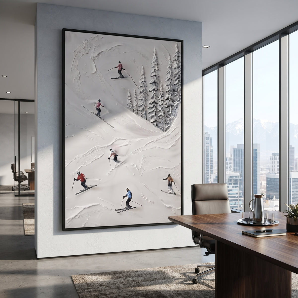 Trail Snow Corridors focuses on a forest-framed ski descent with clustered pines and winding carved tracks. The artwork shows a winter ski scene built from the actual image: visible downhill figures, curved snow tracks, raised ridgelines, and alpine space arranged in a tall composition. The white, blue, gray palette gives the piece a cold mountain atmosphere while the thick impasto surface creates shadows along each snowbank, ski line, and textured ridge. This is presented as hand-painted