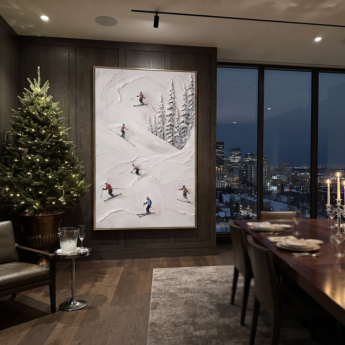 Trail Snow Corridors focuses on a forest-framed ski descent with clustered pines and winding carved tracks. The artwork shows a winter ski scene built from the actual image: visible downhill figures, curved snow tracks, raised ridgelines, and alpine space arranged in a tall composition. The white, blue, gray palette gives the piece a cold mountain atmosphere while the thick impasto surface creates shadows along each snowbank, ski line, and textured ridge. This is presented as hand-painted