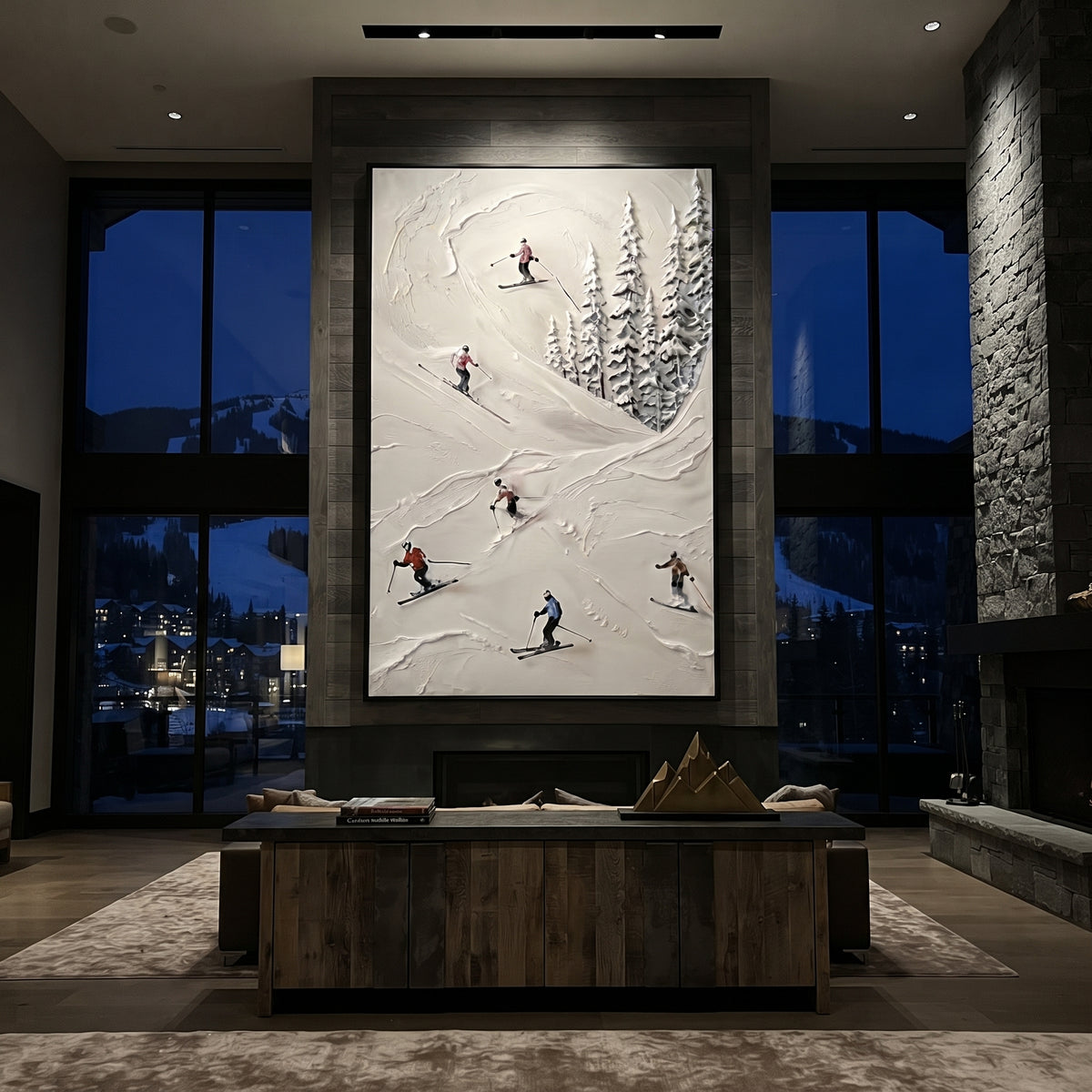 Trail Snow Corridors focuses on a forest-framed ski descent with clustered pines and winding carved tracks. The artwork shows a winter ski scene built from the actual image: visible downhill figures, curved snow tracks, raised ridgelines, and alpine space arranged in a tall composition. The white, blue, gray palette gives the piece a cold mountain atmosphere while the thick impasto surface creates shadows along each snowbank, ski line, and textured ridge. This is presented as hand-painted