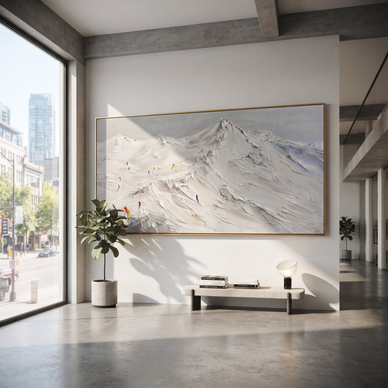 "Liftline Ridge Skiers" - Modern Heavy Impasto Landscape Artwork | White & Green Palette Knife Painting | Luxury Horizontal Wall Art #PT 2425