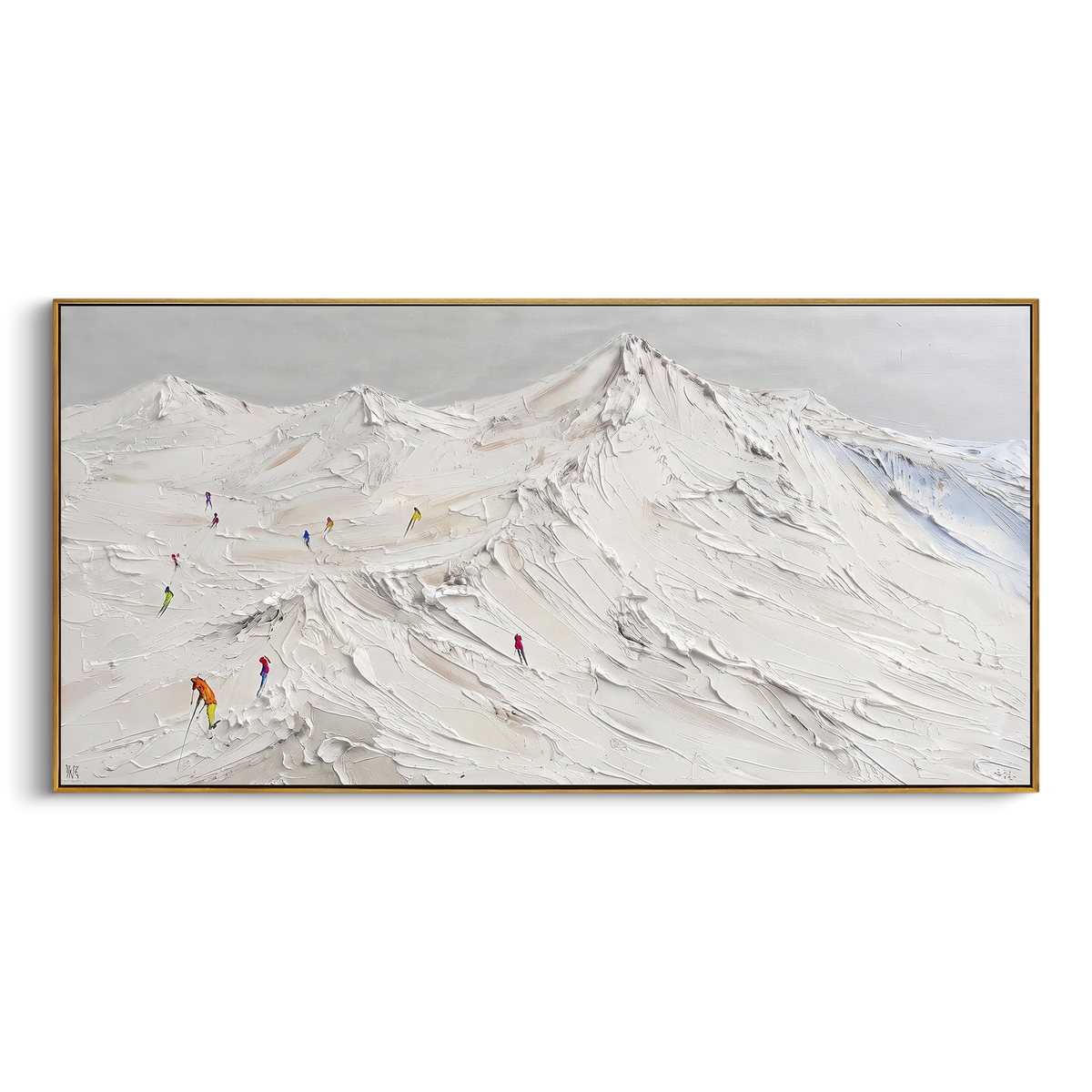 "Liftline Ridge Skiers" - Modern Heavy Impasto Landscape Artwork | White & Green Palette Knife Painting | Luxury Horizontal Wall Art #PT 2425