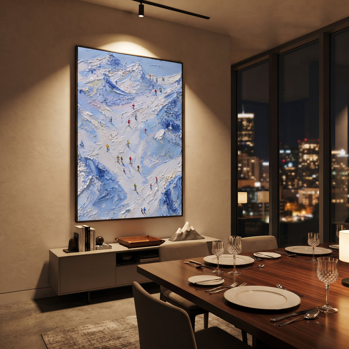 Downhill Snow Basin focuses on small downhill figures moving over carved impasto snow channels and soft blue shadows. The artwork shows a winter ski scene built from the actual image: visible downhill figures, curved snow tracks, raised ridgelines, and alpine space arranged in a tall composition. The white, black, gray palette gives the piece a cold mountain atmosphere while the thick impasto surface creates shadows along each snowbank, ski line, and textured ridge. This is presented as