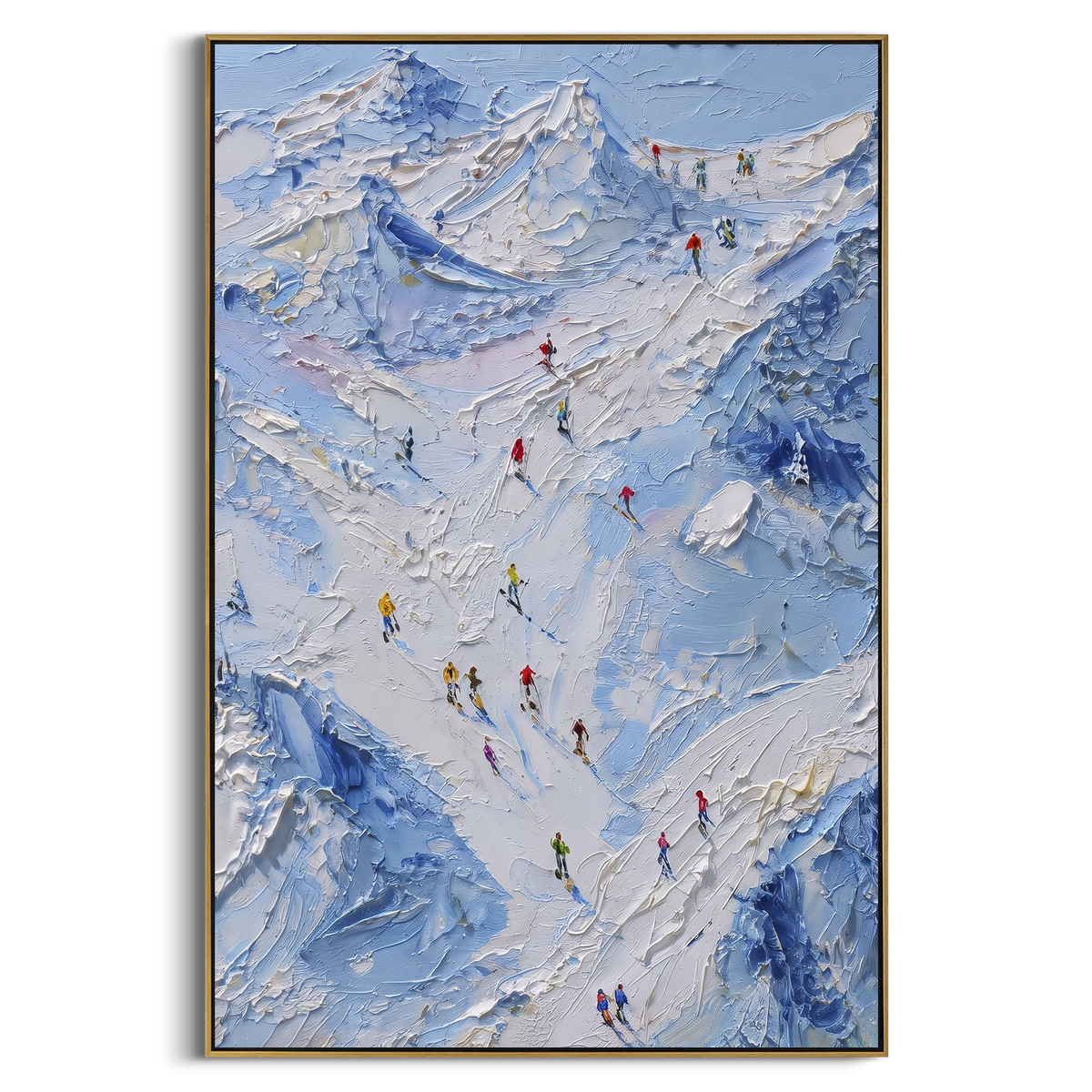 Downhill Snow Basin focuses on small downhill figures moving over carved impasto snow channels and soft blue shadows. The artwork shows a winter ski scene built from the actual image: visible downhill figures, curved snow tracks, raised ridgelines, and alpine space arranged in a tall composition. The white, black, gray palette gives the piece a cold mountain atmosphere while the thick impasto surface creates shadows along each snowbank, ski line, and textured ridge. This is presented as