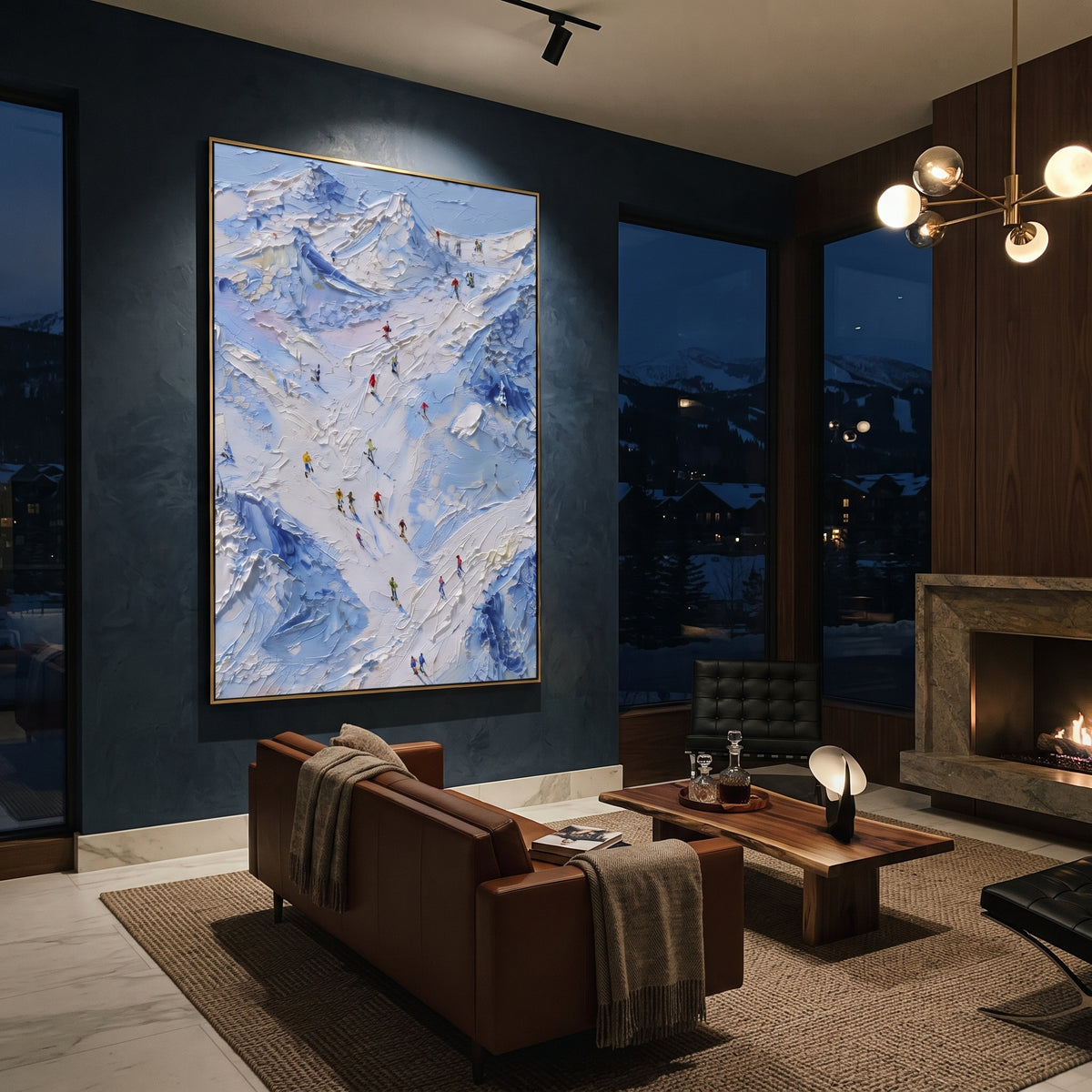 Downhill Snow Basin focuses on small downhill figures moving over carved impasto snow channels and soft blue shadows. The artwork shows a winter ski scene built from the actual image: visible downhill figures, curved snow tracks, raised ridgelines, and alpine space arranged in a tall composition. The white, black, gray palette gives the piece a cold mountain atmosphere while the thick impasto surface creates shadows along each snowbank, ski line, and textured ridge. This is presented as