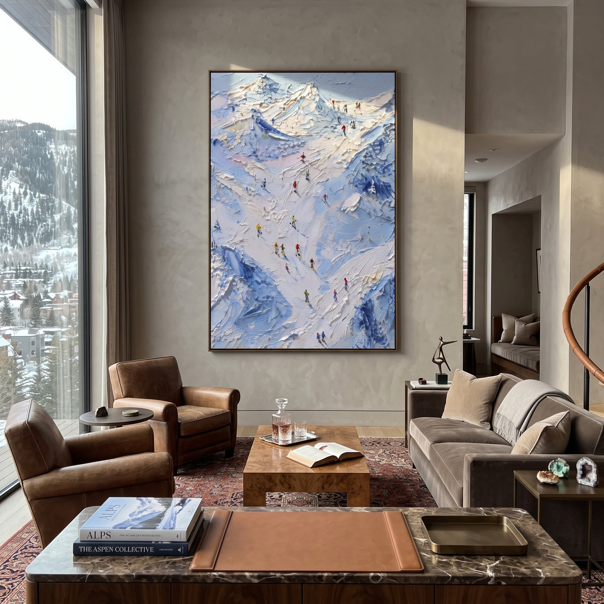 Downhill Snow Basin focuses on small downhill figures moving over carved impasto snow channels and soft blue shadows. The artwork shows a winter ski scene built from the actual image: visible downhill figures, curved snow tracks, raised ridgelines, and alpine space arranged in a tall composition. The white, black, gray palette gives the piece a cold mountain atmosphere while the thick impasto surface creates shadows along each snowbank, ski line, and textured ridge. This is presented as