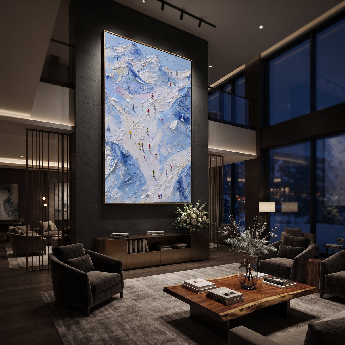 Downhill Snow Basin focuses on small downhill figures moving over carved impasto snow channels and soft blue shadows. The artwork shows a winter ski scene built from the actual image: visible downhill figures, curved snow tracks, raised ridgelines, and alpine space arranged in a tall composition. The white, black, gray palette gives the piece a cold mountain atmosphere while the thick impasto surface creates shadows along each snowbank, ski line, and textured ridge. This is presented as