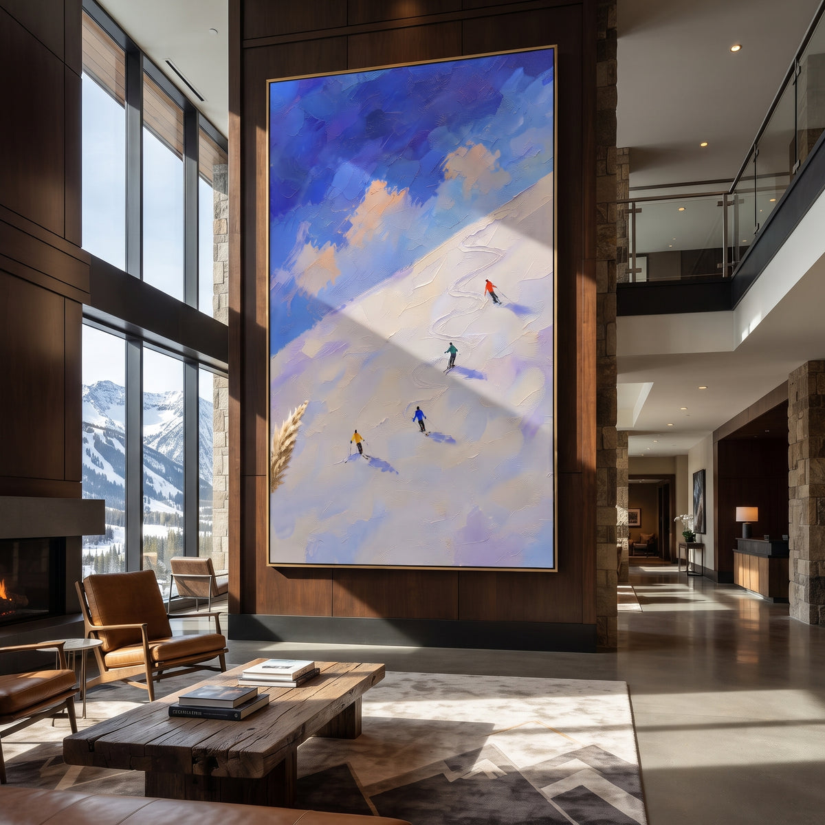 Fresh Snow Corridors focuses on a broad winter slope filled with curved ski trails and miniature moving figures. The artwork shows a winter ski scene built from the actual image: visible downhill figures, curved snow tracks, raised ridgelines, and alpine space arranged in a tall composition. The white, beige, blue palette gives the piece a cold mountain atmosphere while the thick impasto surface creates shadows along each snowbank, ski line, and textured ridge. This is presented as hand-painted
