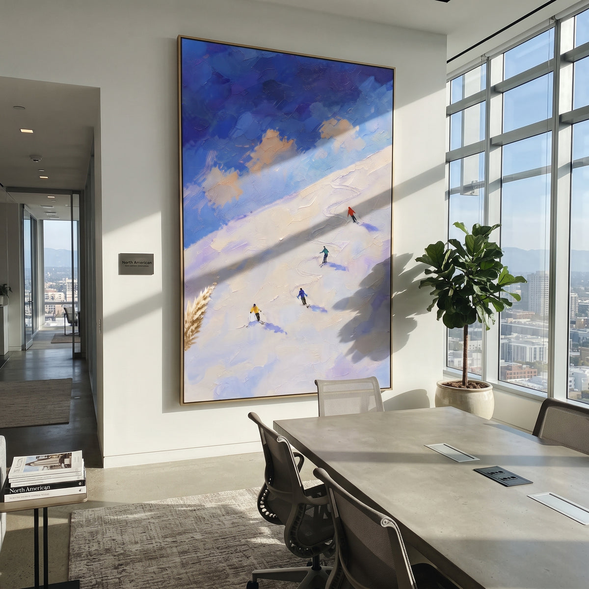 Fresh Snow Corridors focuses on a broad winter slope filled with curved ski trails and miniature moving figures. The artwork shows a winter ski scene built from the actual image: visible downhill figures, curved snow tracks, raised ridgelines, and alpine space arranged in a tall composition. The white, beige, blue palette gives the piece a cold mountain atmosphere while the thick impasto surface creates shadows along each snowbank, ski line, and textured ridge. This is presented as hand-painted
