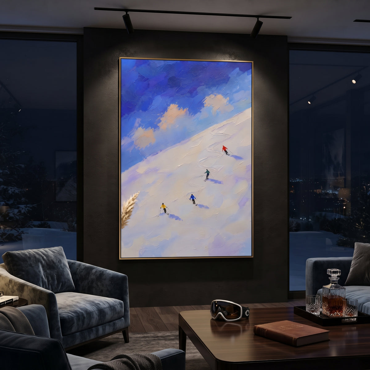 Fresh Snow Corridors focuses on a broad winter slope filled with curved ski trails and miniature moving figures. The artwork shows a winter ski scene built from the actual image: visible downhill figures, curved snow tracks, raised ridgelines, and alpine space arranged in a tall composition. The white, beige, blue palette gives the piece a cold mountain atmosphere while the thick impasto surface creates shadows along each snowbank, ski line, and textured ridge. This is presented as hand-painted