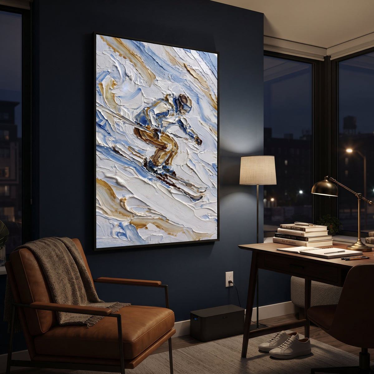 Ice Snow Trail focuses on soft gray snowfields broken by colorful skiers and thick ridge texture. The artwork shows a winter ski scene built from the actual image: visible downhill figures, curved snow tracks, raised ridgelines, and alpine space arranged in a tall composition. The blue, white, orange palette gives the piece a cold mountain atmosphere while the thick impasto surface creates shadows along each snowbank, ski line, and textured ridge. This is presented as hand-painted textured