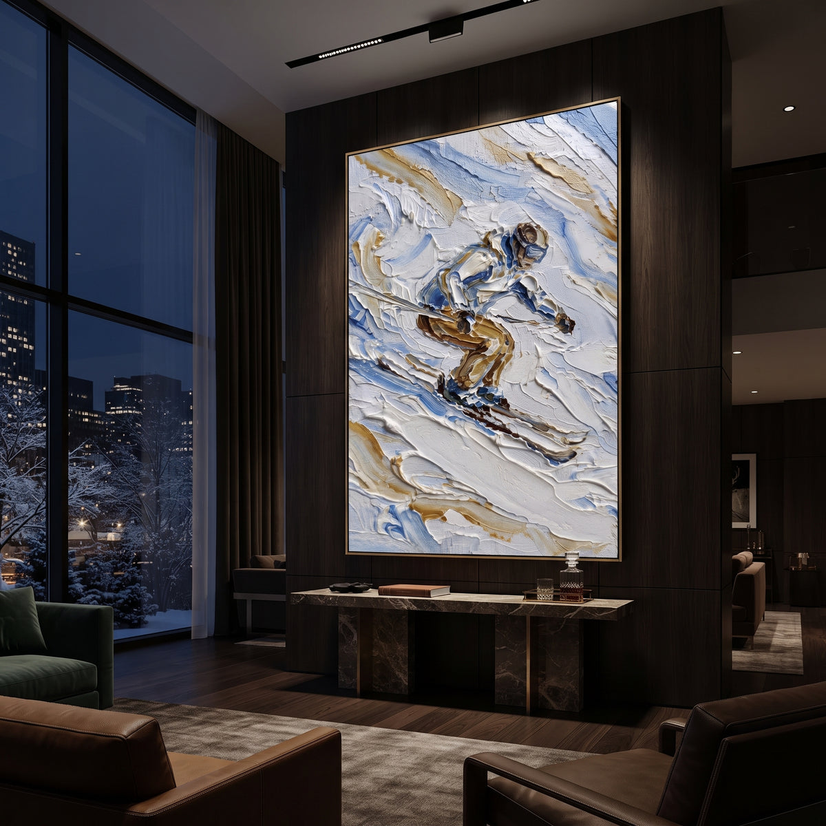 Ice Snow Trail focuses on soft gray snowfields broken by colorful skiers and thick ridge texture. The artwork shows a winter ski scene built from the actual image: visible downhill figures, curved snow tracks, raised ridgelines, and alpine space arranged in a tall composition. The blue, white, orange palette gives the piece a cold mountain atmosphere while the thick impasto surface creates shadows along each snowbank, ski line, and textured ridge. This is presented as hand-painted textured